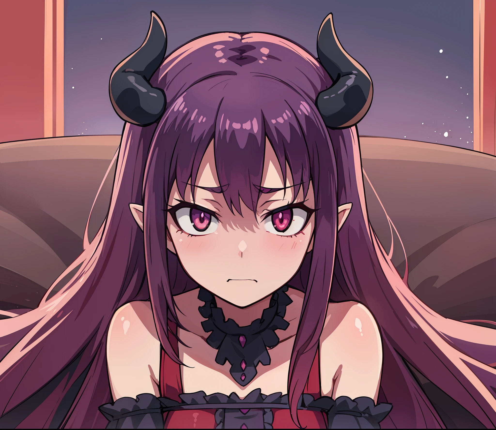 1girl,ahoge,anus,black horns,closed mouth,completely nude,halo,horns,long hair,looking at viewer,lying,navel,nipples,nude,on back,pointy ears,pout,purple eyes,pussy,red hair,red halo,red wings,simple background,solo,spread legs,squiggle,twintails,uncensored,white background,wide spread legs,wings