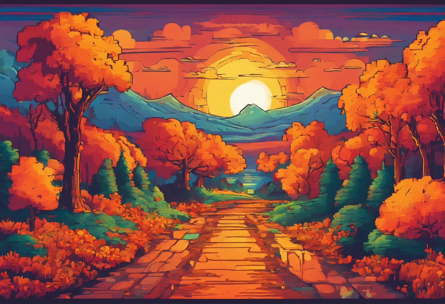A vibrant and colorful depiction of the changing seasons, with a focus on the beauty of autumn. The image should show a landscape filled with rich, warm colors, such as reds, oranges, and yellows, as leaves turn and fall from trees. The scene should also include elements such as rolling hills, winding rivers, and towering mountains, all bathed in the golden light of the setting sun. The overall mood of the image should be one of serenity and beauty, reflecting the natural cycle of life and death that occurs during the autumn months.