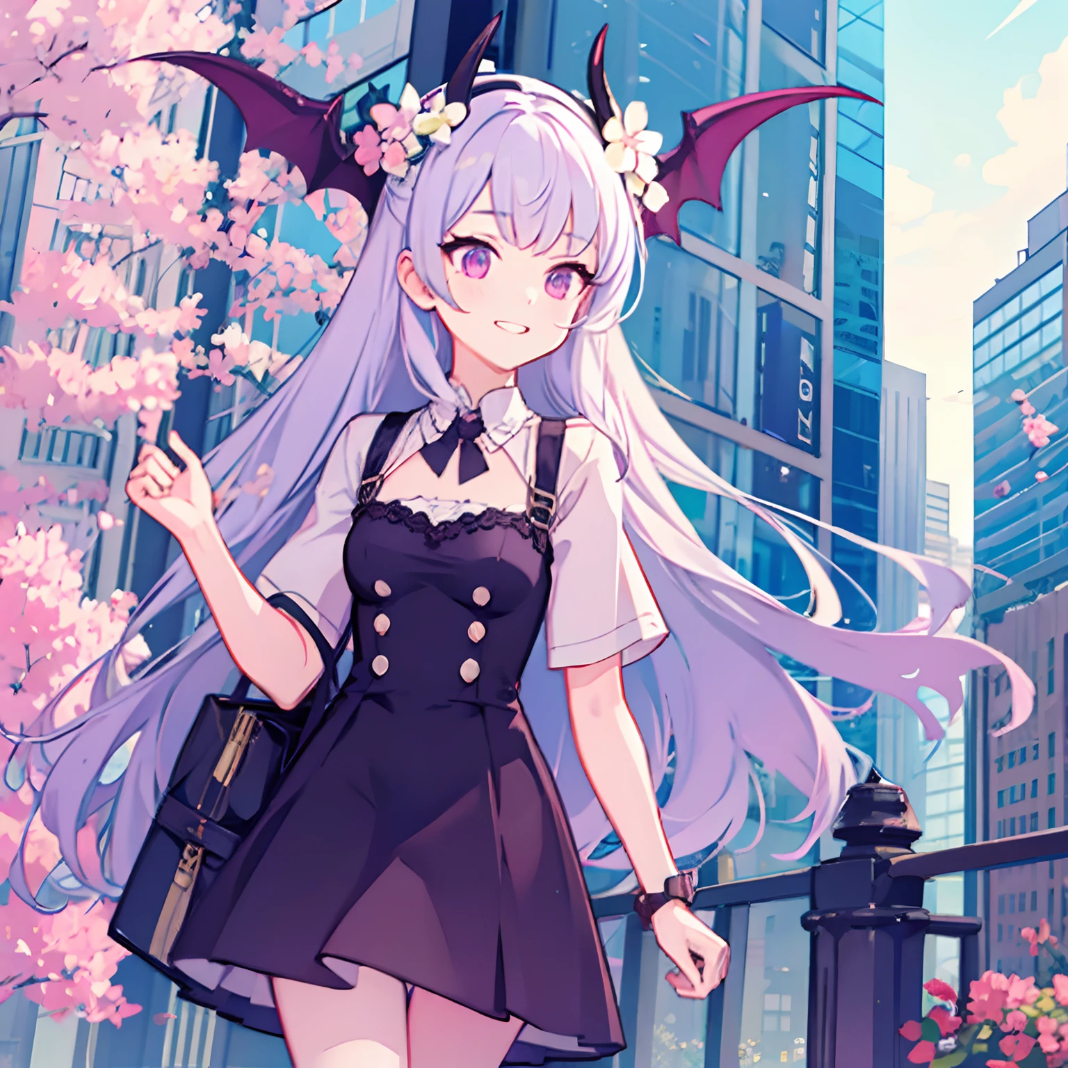 a cute demon girl enjoying spring in the city