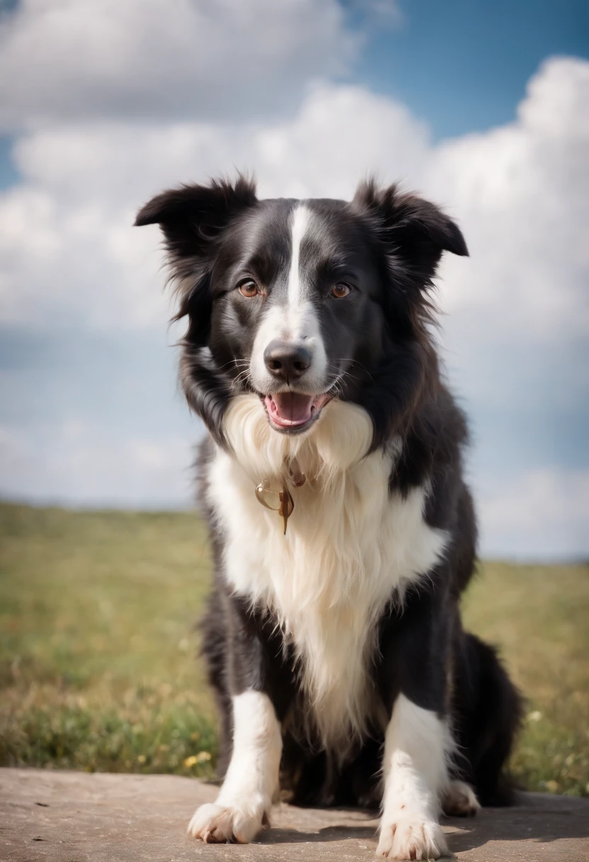 (Nvinkpunk:1.2) (Estilo SNTHWVE:0.8) um cachorro Border Collie, antro, onda de luz, Sunny midday sky with lots of clouds, intrincado, altamente detalhado