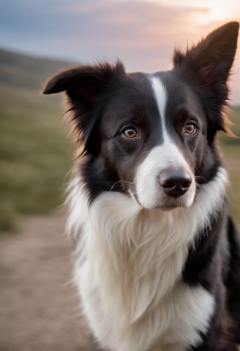 (Nvinkpunk:1.2) (Estilo SNTHWVE:0.8) um cachorro Border Collie, antro, onda de luz, Sunny midday sky with lots of clouds, intrincado, altamente detalhado