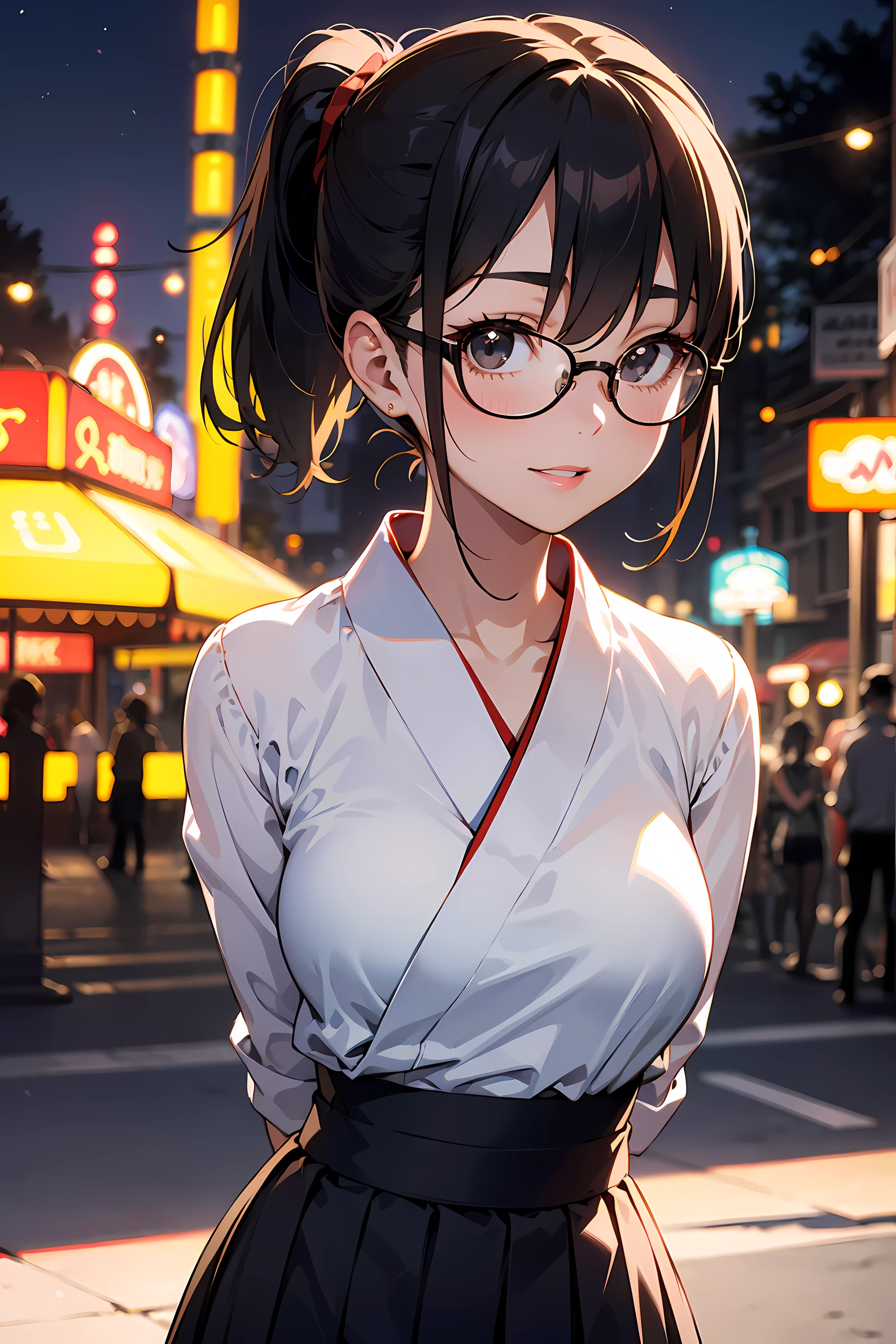 high resolution, Photo of a beautiful woman detailed_face, young handsome girl,realistic:0.5, perfect skin, (wearing a glasses:1.5), (ultra-detailed background, detailed background), bokeh, make happy expressions, happy emotion, gorgeous,pure, beautyfull detailed face and eyes,breasts, (black eyes:1.1), (Audrey Hepburn:1.3), (a extremely pretty and beautiful Japanese woman), (sexy girl), (professional attire:1.3), (22 years old: 1.1), BREAK, (miko outfit:1.2), (white dogi:1.2), (red hakama:1.2), (leather boots))), cleavage, beautiful detailed skin, (cute:1.2), (blonde hair), ((jpop idol)), (upper thigh:0.6), (depth of field),soft light, Lens Glow looking at viewer, (Drooping eyes:1.2), straight teeth,smile, floating hair, (blond hair:1.2), brown eyes BREAK movie scene, cinematic, full colors, 4k, 8k, 16k, RAW photo, masterpiece, professionally color graded, professional photography, high school girl, hair up, , soft clean focus, realistic lighting and shading, (an extremely delicate and beautiful art)1.3, elegant,active angle,dynamism pose BREAK (ponytail:1.3), (shiny-black thin hair:1.2), bangs, dark brown eyes, beautiful eyes, princess eyes, (big eyes:1.3), bangs, wearing a glasses:1.3, Hair between eyes, short hair:1.3, (slender:1.1), (medium-breasts:0.95), (thin waist: 1.15), (detailed beautiful girl: 1.4), Parted lips, Red lips, full-make-up face, (shiny skin), ((Perfect Female Body)), (upper body image:1.3), Perfect Anatomy, Perfect Proportions, (most beautiful Korean actress face:1.3, extremely cute and beautiful Japanese actress face:1.3), ,(1glasses girl:1.3, solo), ,(blush:1.1), gray background, solo focus, (bust shot:1.2), cinematic light, (nostalgic night scene:1.4), (amusement park:1.4), (merry-go-round、the Ferris wheel、rollercoaster), (arms behind back :1.4), (looking at viewer:1.2