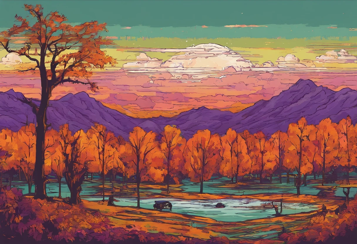 As the leaves begin to turn, the once-green landscape transforms into a kaleidoscope of warm, golden hues. The air is crisp and cool, carrying the scent of damp earth and decaying leaves. The trees, once towering and full of life, now stand tall and proud, their branches stretching towards the sky like skeletal fingers. The sun casts its final rays of light upon the landscape, illuminating the vibrant colors of the changing leaves. The sky is painted with shades of orange, pink, and purple, as if the heavens themselves were ablaze with the fiery hues of autumn. The trees, no longer content to simply stand and bear witness to the passing of the seasons, begin to shed their leaves in a final act of defiance, casting a golden carpet across the landscape. As the days grow shorter, the nights grow longer, and the temperatures drop, the world around us begins to prepare for the long slumber of winter. But even in death, the autumn landscape holds a quiet beauty, a time of reflection and renewal as the natural world prepares to rebirth itself once more. The trees, now bare and exposed, stand as testaments to the cyclical nature of life, their skeletal forms reaching towards the sky like outstretched arms, bidding farewell to the passing season and welcoming in the next.