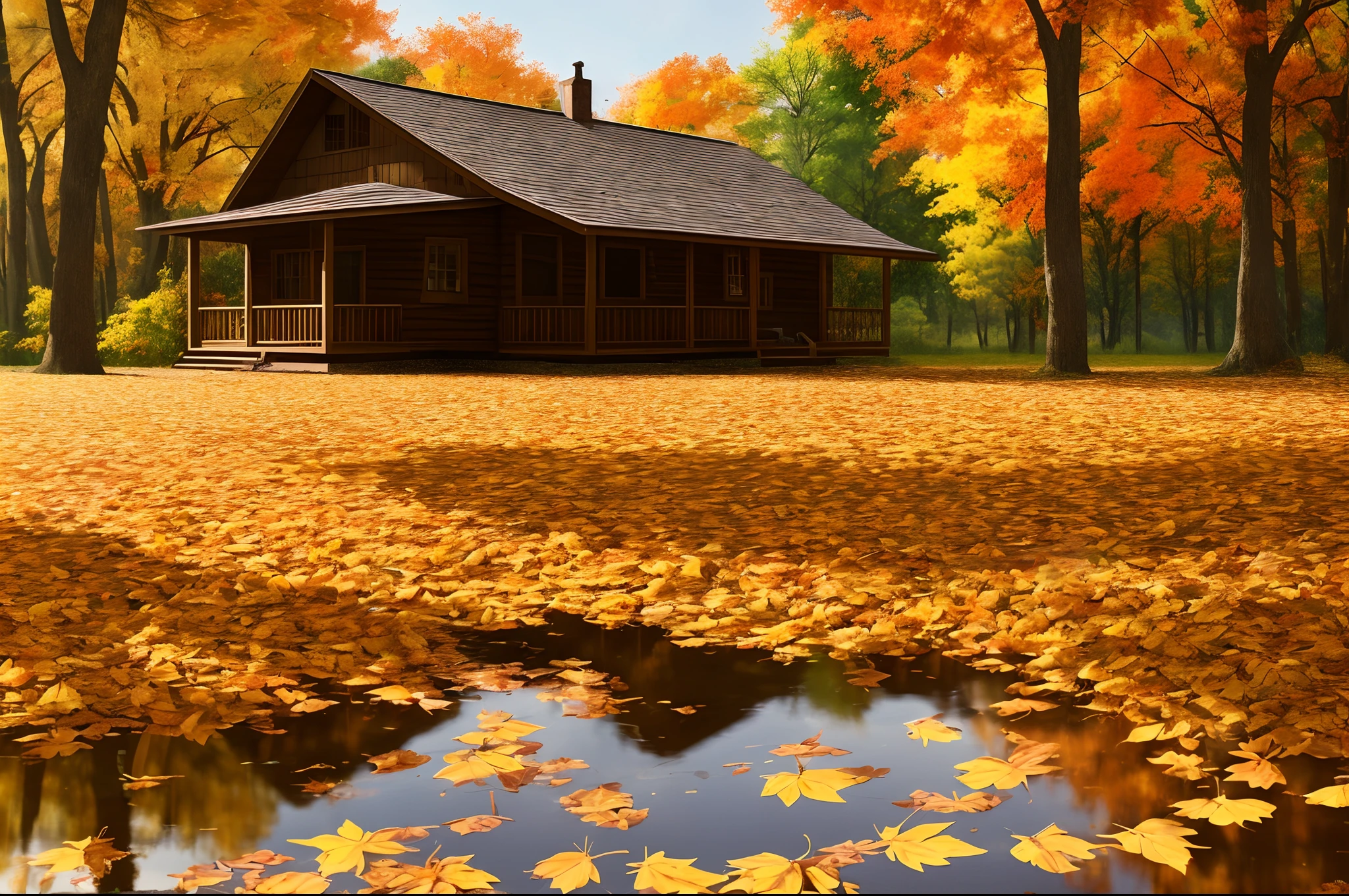 autumn landscape, vibrant autumn colors, golden leaves, ground covered in leaves, tall trees, calm atmosphere, gentle breeze, warm sunlight, serene pond, reflection of trees in water, birds singing in the distance, cozy cabin, smoke coming out of the fireplace, wooden benches, fallen acorns, squirrels running, misty morning, misty forest, path covered in fallen leaves, harvest season, rustic charm, rural landscape, scenic beauty, tranquility, stunning view, masterpiece of nature , picturesque setting, vibrant shades of red, orange and yellow, soft shadows, sunlight filtering through foliage, fresh air, comfortable temperature, seasonal change, embracing the beauty of nature. (best quality, 4k, high resolution, masterpiece: 1.2), ultra detailed, (realistic, photorealistic, photorealistic: 1.37), HDR, UHD, autumn color palette, warm and earthy tones, soft and diffuse lighting.