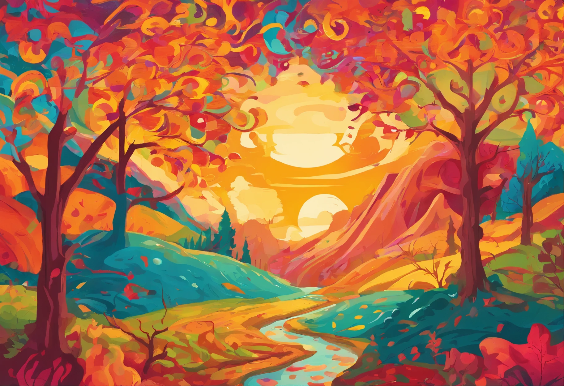 A vibrant and colorful depiction of the changing seasons, with a focus on the beauty of autumn. The image should show a landscape filled with rich, warm colors, such as reds, oranges, and yellows, as leaves turn and fall from trees. The scene should also include elements such as rolling hills, winding rivers, and towering mountains, all bathed in the golden light of the setting sun. The overall mood of the image should be one of serenity and beauty, reflecting the natural cycle of life and death that occurs during the autumn months.