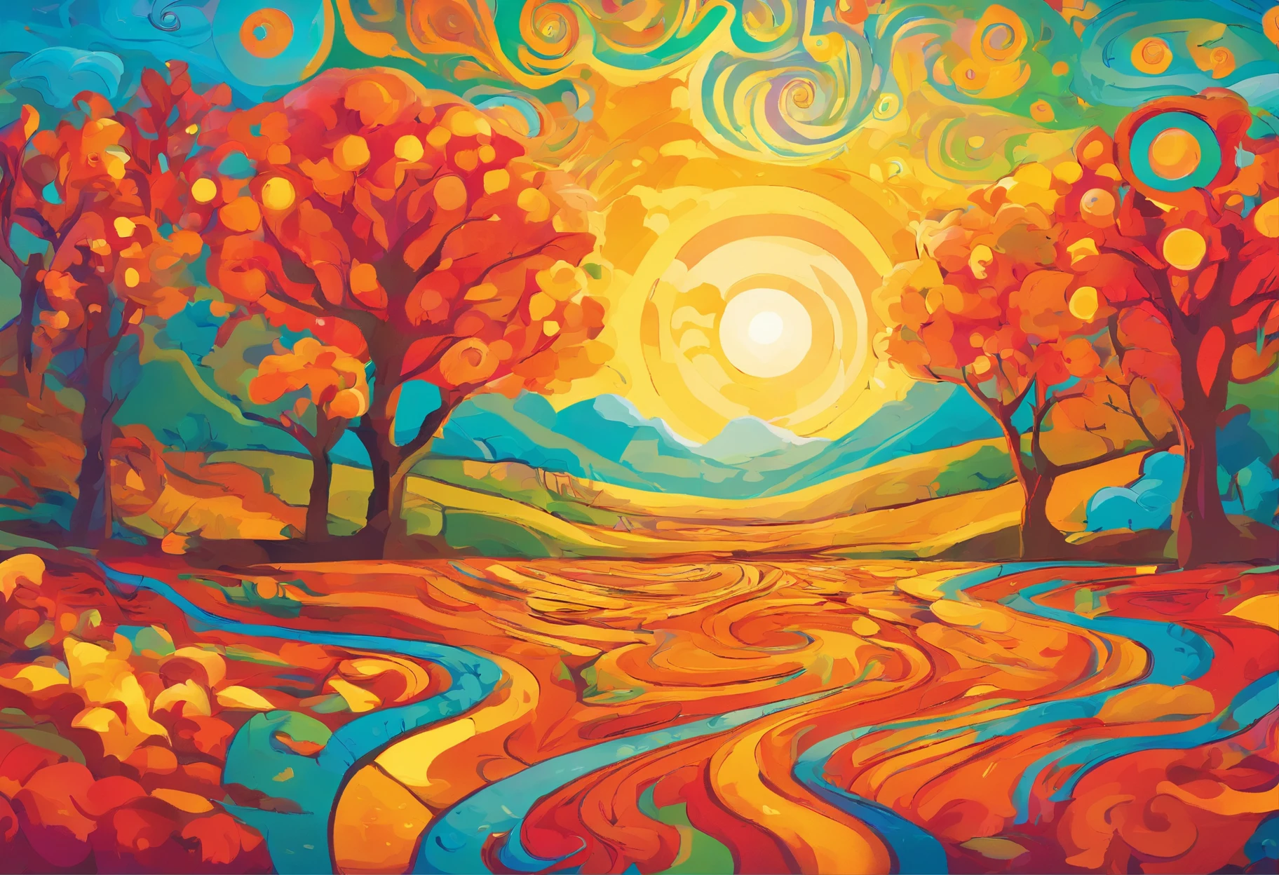 A vibrant and colorful depiction of the changing seasons, with a focus on the beauty of autumn. The image should show a landscape filled with rich, warm colors, such as reds, oranges, and yellows, as leaves turn and fall from trees. The scene should also include elements such as rolling hills, winding rivers, and towering mountains, all bathed in the golden light of the setting sun. The overall mood of the image should be one of serenity and beauty, reflecting the natural cycle of life and death that occurs during the autumn months.