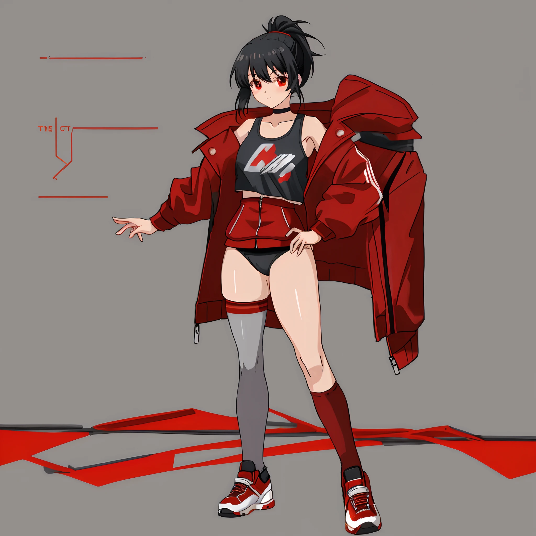 Anime Girl,Ponytail,Tiny Red Jacket,Black Leotard outfit+,Black hair+,Full Body,Large Chest+, (high quality)+,Masterpiece++,Red Sport Shoes,Black Thigh Highs+++,White Tank Top++,Red Eyes,Standing Straight+,Red chocker+,Thicc Thighs