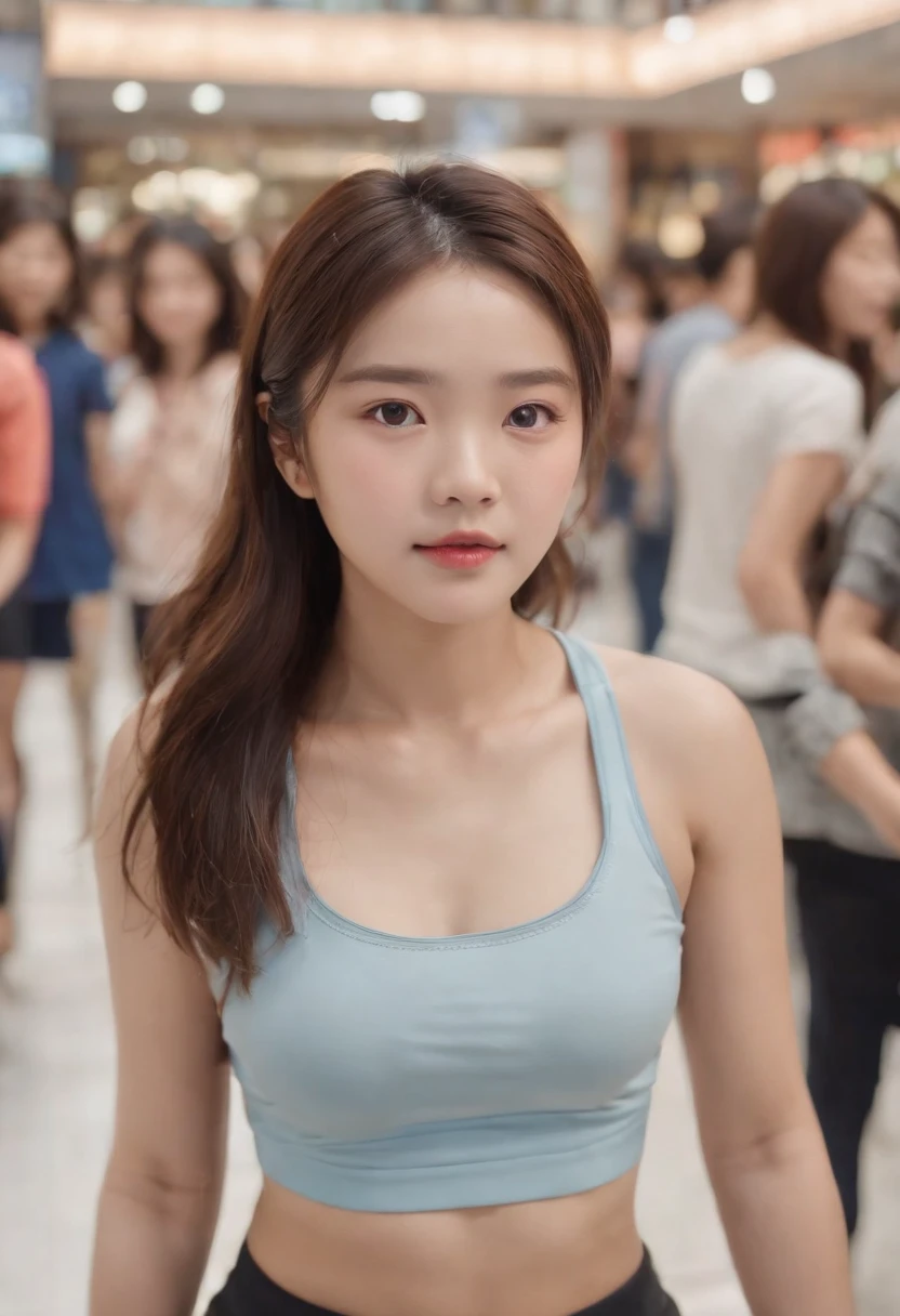 10 years old, Korean girl wearing sport shorts, crop top, shopping centre, crowded people, bokeh, realistic lighting, realistic photo, cinematic color grading, 8k high quality photo, ultra high quality