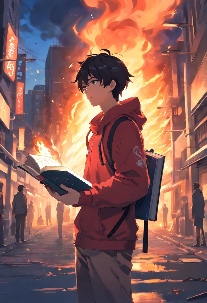 A city in black flames to a young man in the middle of this burning city this young man is with a book of magic and his hands are covered in blood the young man is in a red outfit and his eyes have a rainbow coloration