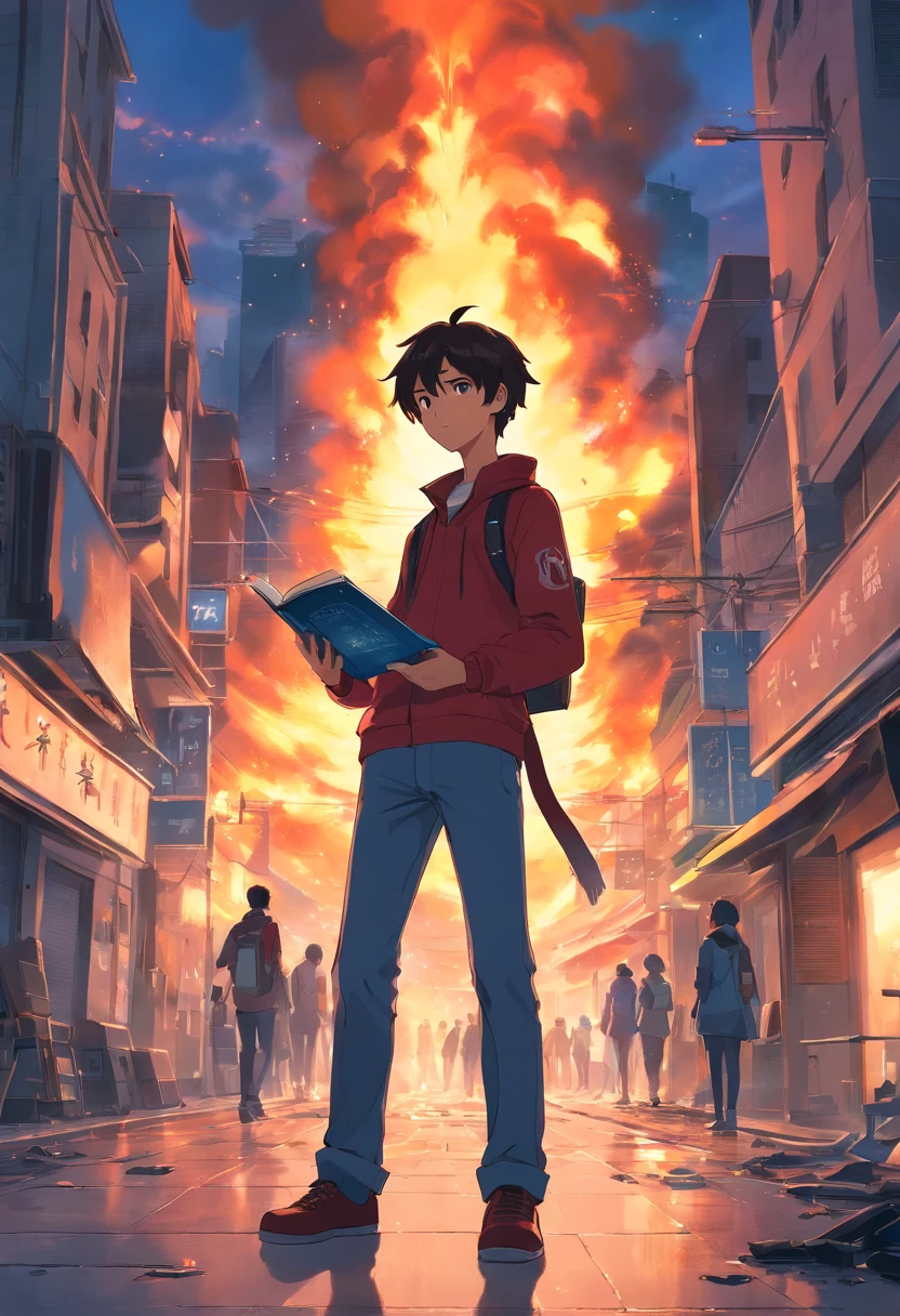 A city in black flames to a young man in the middle of this burning city this young man is with a book of magic and his hands are covered in blood the young man is in a red outfit and his eyes have a rainbow coloration