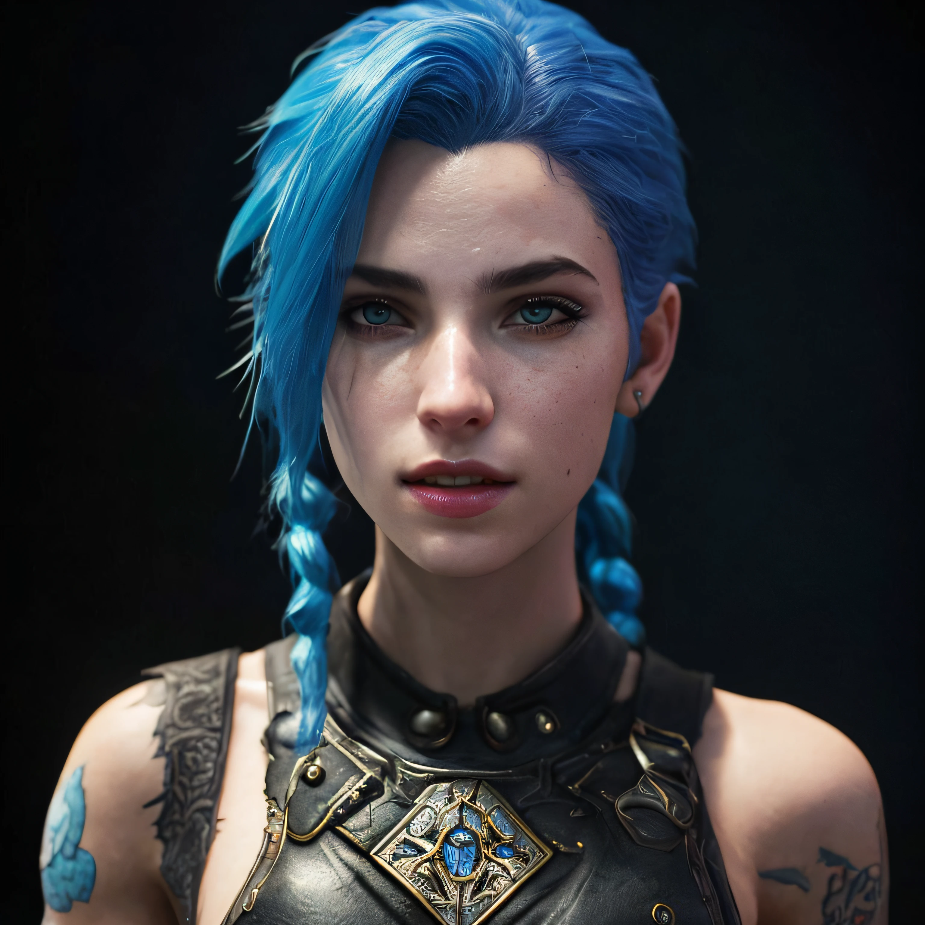 Oil painting style, best quality, masterpiece, 8k, ultra high res, (photorealistic:1.4), highly detailed, intricate detail, delicate and beautiful, good lighting, professional lighting, sharp focus, detailed shadows, exquisite details and textures, depth of field, unity 8k wallpaper, HDR (high dynamic range), Ray Tracing , NVIDIA RTX, (melhor qualidade), (ultra-detalhado), (ultrarrealista: 1.2), ultra high-resolution, ((fotorrealista: 1.4), corpo completo, There is a woman with blue hair and a leather top, 8k portrait render, Personagem pequeno. Motor Unreal 5, motor Unreal, Retrato do humanoide feminino, Retrato de Jinx de Arcane, personagem feminina, protagonista feminina, cinematic full character, personagem de fantasia hiperdetalhado, com cabelo azul