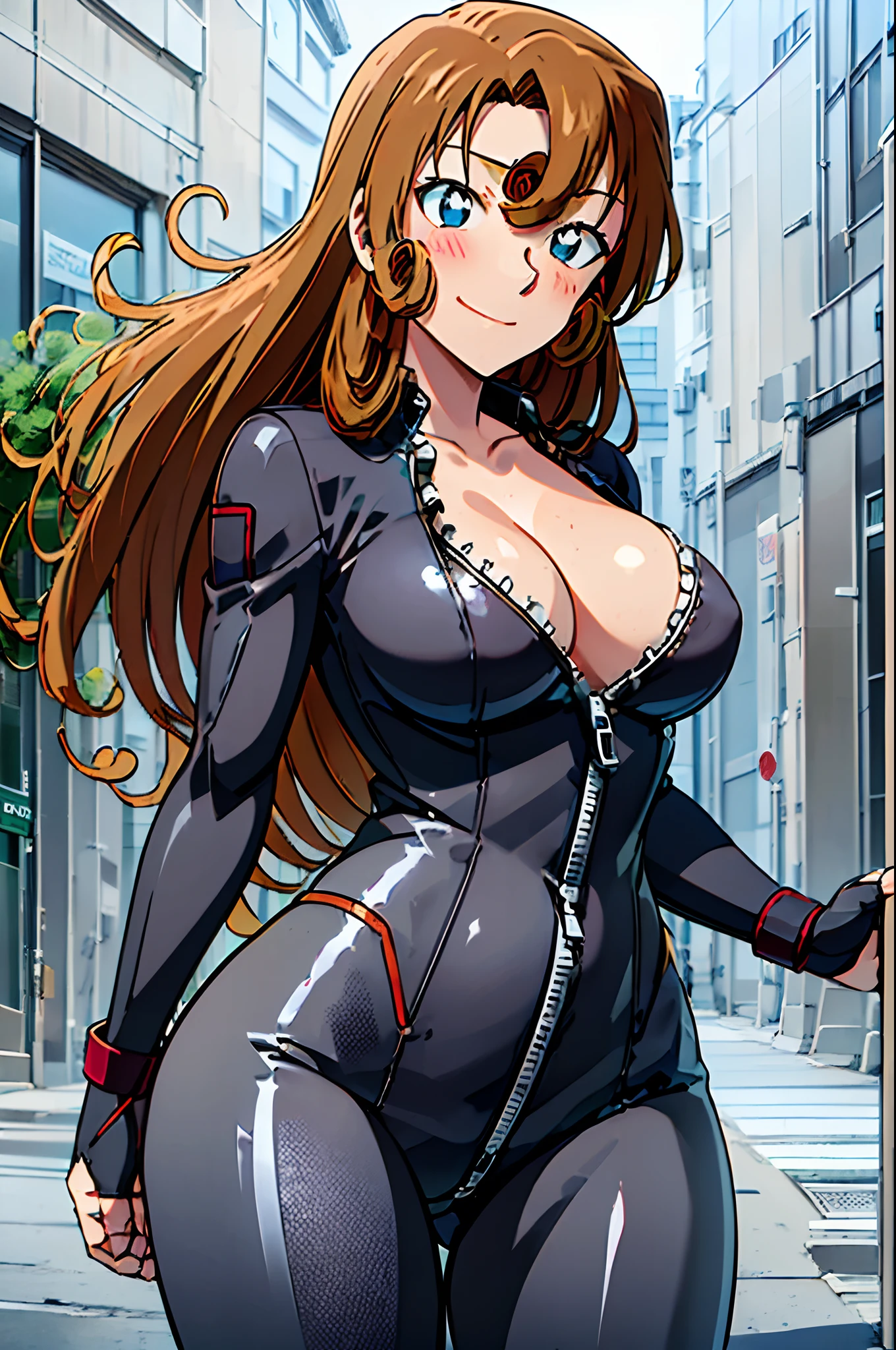 front view, cowboy shot, ultra detailed face, best quality, anime style, hires, highest definition, digital blending, bold drawing lines, ((female biker), (slender body), mature woman, milf, (black  only, one color only, one piece, normal catsuit, half zipped, cover whole body, motorbike suit, collar band) victorious, gorgeous, winner, not blushing, confident face, smile, (closed mouth), (pale skin, shiny skin, lighting and shadow), (cleavage), (clean face), (only one arm stretching),closed fists, (brown, curly hair, long hair, curly bangs), 37 years old,