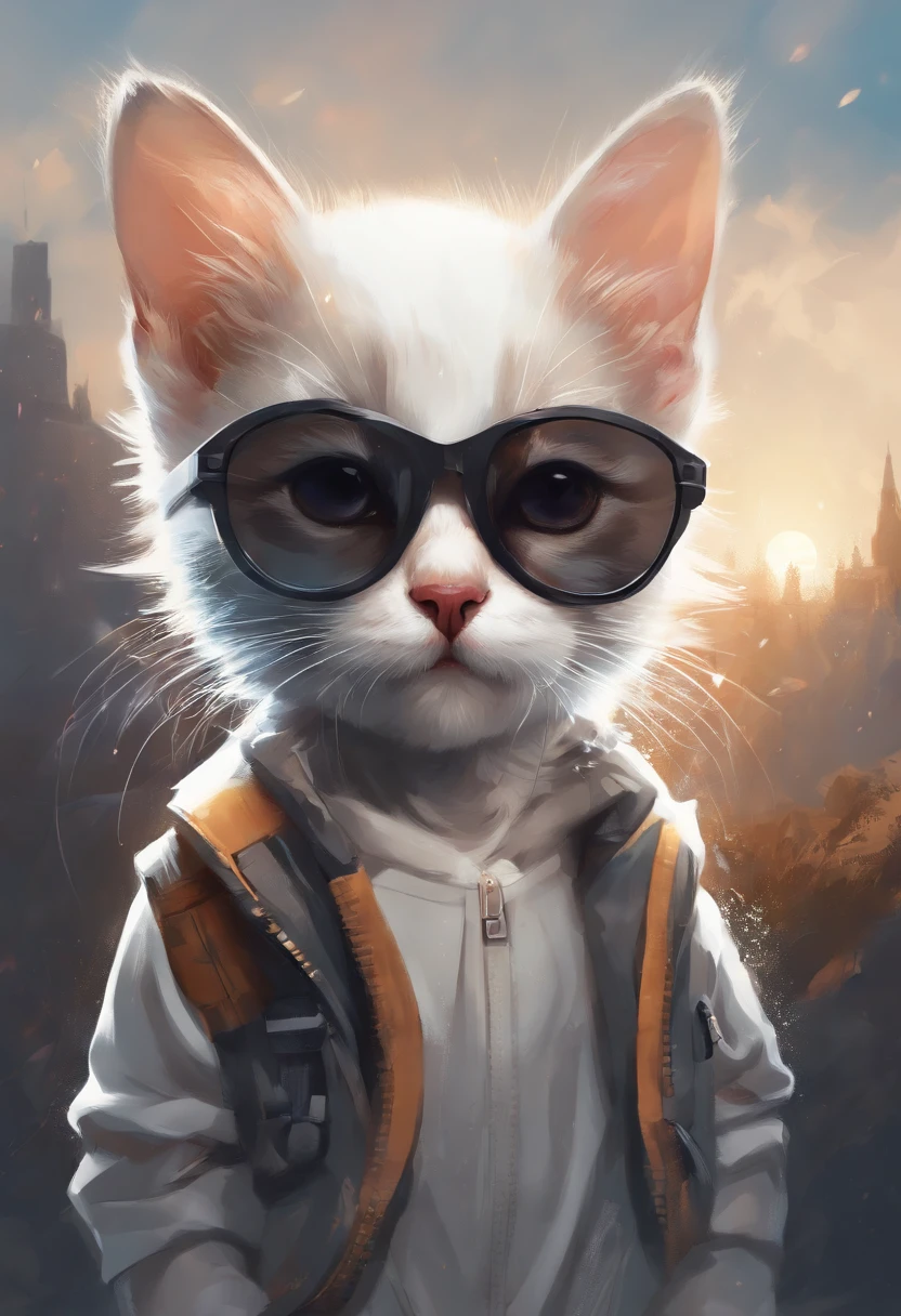 Perfect centering, A cute kitten all over, Wear a student jacket, Wearing sunglasses, Wearing headphones, Standing position, Abstract beauty, Centered, Looking at the camera, Facing the camera, nearing perfection, Dynamic, Moonlight, Highly detailed, Digital painting, art  stations, concept-art, smooth, Sharp focus, 8K, high definition resolution, illustration, Art by Carne Griffiths and Wadim Kashin, White background