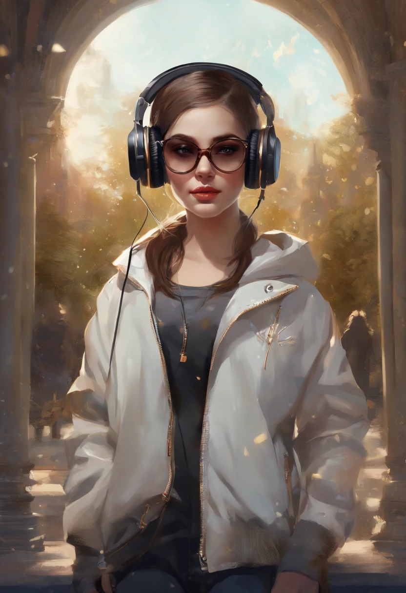 Perfect centering, A cute kitten all over, Wear a student jacket, Wearing sunglasses, Wearing headphones, Standing position, Abstract beauty, Centered, Looking at the camera, Facing the camera, nearing perfection, Dynamic, Moonlight, Highly detailed, Digital painting, art  stations, concept-art, smooth, Sharp focus, 8K, high definition resolution, illustration, Art by Carne Griffiths and Wadim Kashin, White background