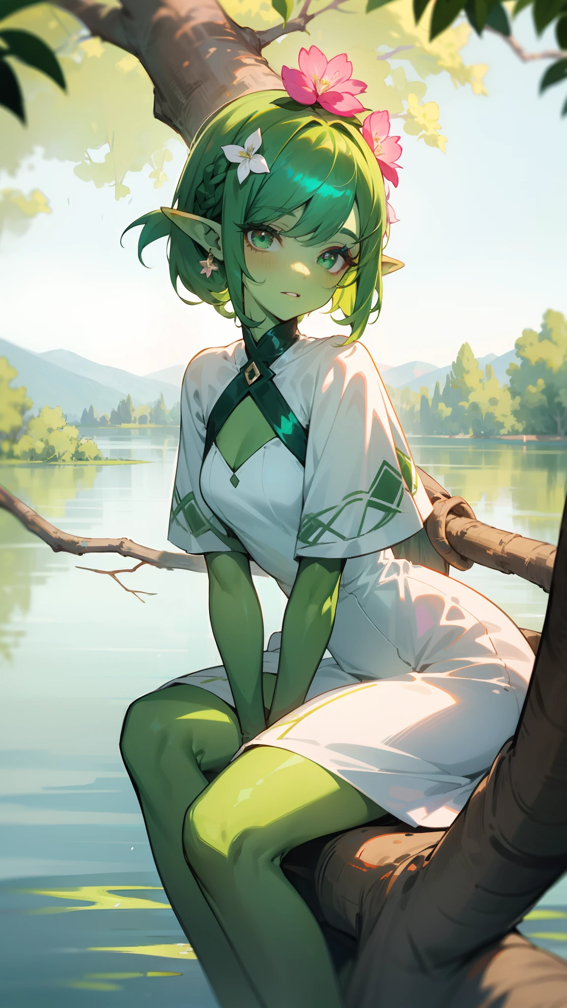 1woman,famale face,mature,30 years old,((green skin)), green hair,pointed ears, yelllow eyes,cute,lake background, iridescent skin,green and white dress,sitting on a growing dry tree in foresr, a pink flower on her head,masterpiece,hd,4k