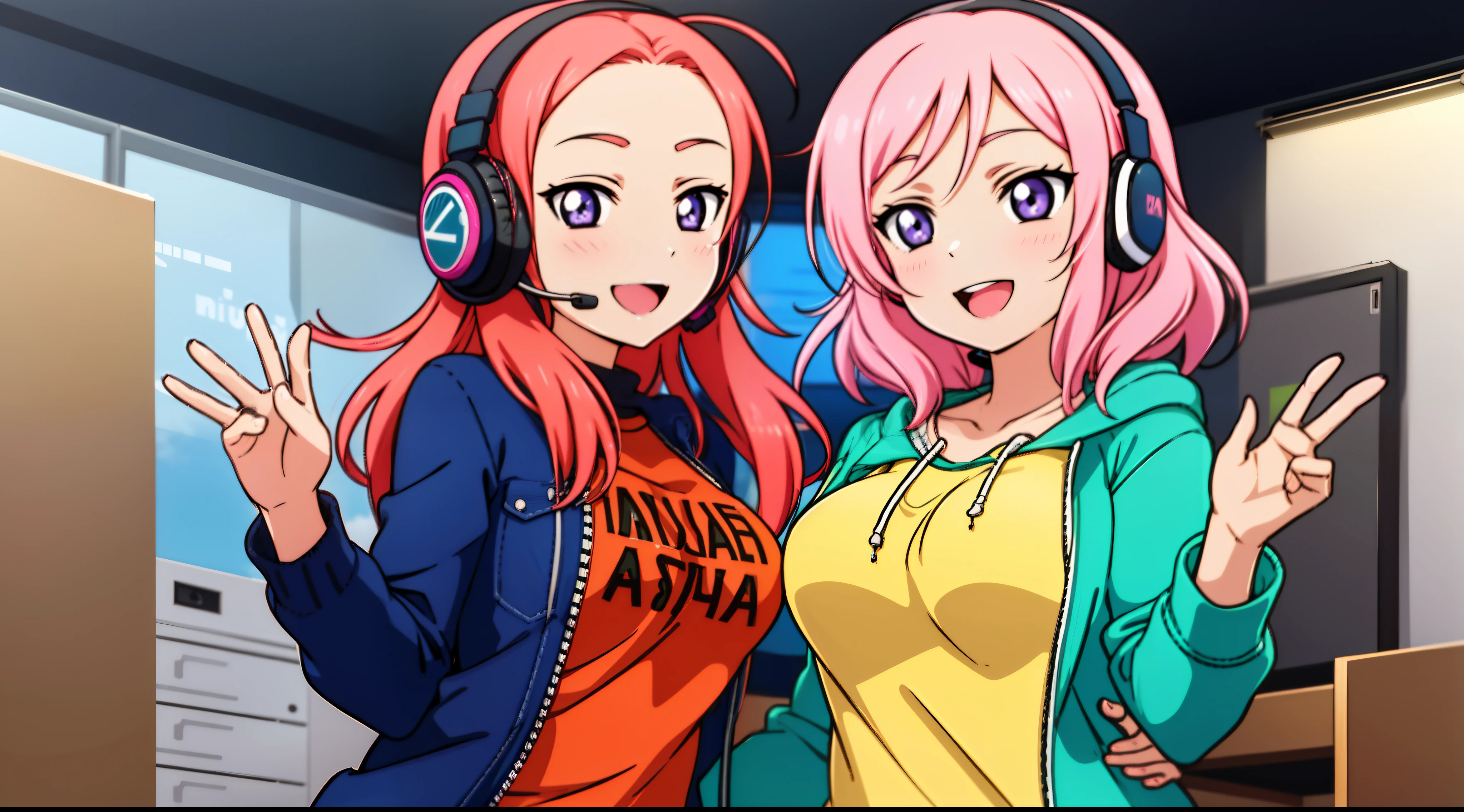 garota feliz, sorrindo, sweatshirt and jeans, headset, musica, cores misturadas, jatos de tinta, Desenho anime, fundo branco, fundo simples, symmetrical breasts, Seios colossais irrealistas
