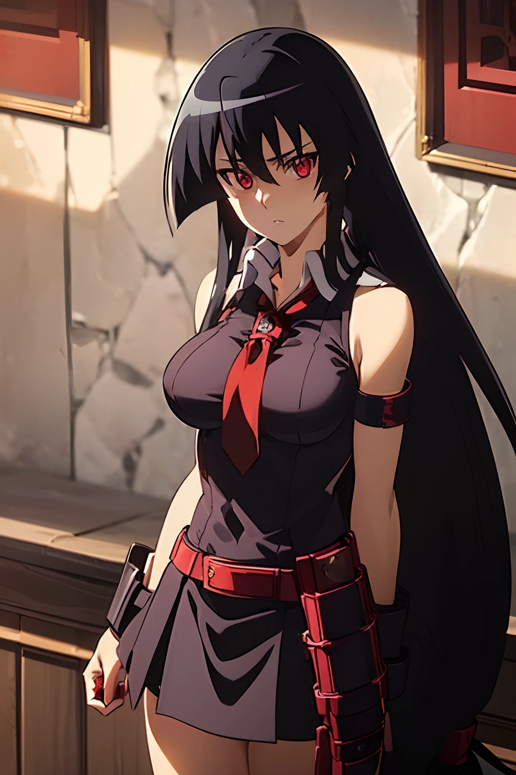 Akame (akame ga kill), (Masterpiece, high quality), cleavage, (black color patch), Lush detail, Incredibly detailed face, beautiful red eyes, radiant skin, sharp eyes))) , ((inside, Dramatic shadows, vibrant colors, backlit, Depth of field, high leg, opposite, (Very long hair))), (((Only, 1girl, Bright red eyes))), black hair, ((breasts medium )), ((Black sleeveless shirt, black skirt, White collar shirt, red belt, bangs, hair between eyes, big eyes, Upper body, Facial focus, slim body, Looking at viewer , red bracer