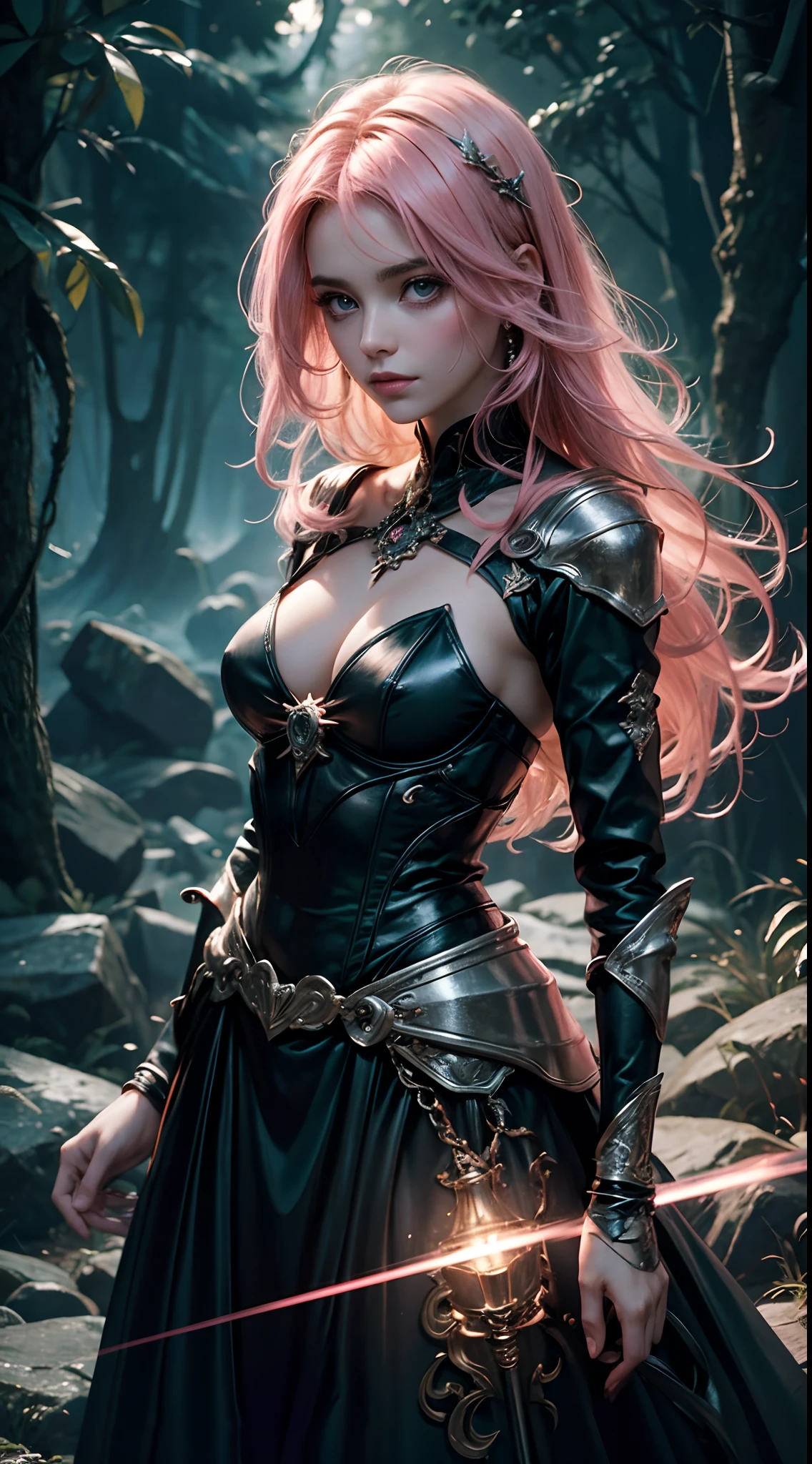Uma mulher de olhos verdejantes, cabelo rosa. She's standing without looking at the camera . E em um vestido glamouroso. Medieval setting, magia, realista, alta resolução. Dark and magical scenery. qualidade perfeita. The hair is moving because of the wind. Scenery full of pink lights. Escuro. Magic lights doing the lighting. Person away from the camera, No horizonte, far from camera. The woman is distant, muito distante, da para ver seu corpo todo