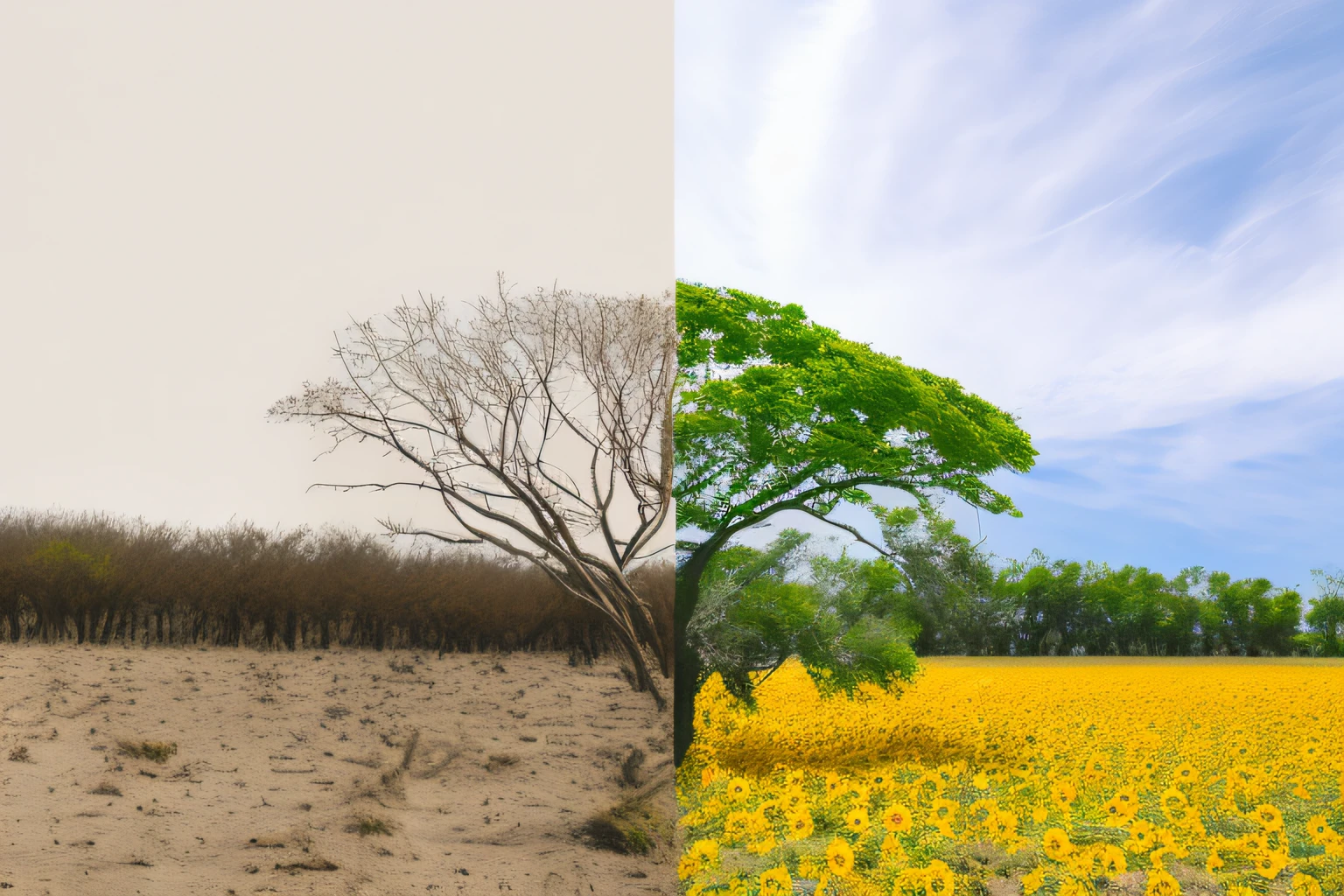 there are two pictures of a tree in a field and a field of flowers, deforested forest background, climate change, the tree is growing on a meadow, apocalypse with vegetation, dry trees, destroyed nature, deforestation, dead plants and flowers, tree and plants, nature taking back, flowers and trees, barren dry land, scene: sunflower field, scene : sunflower field