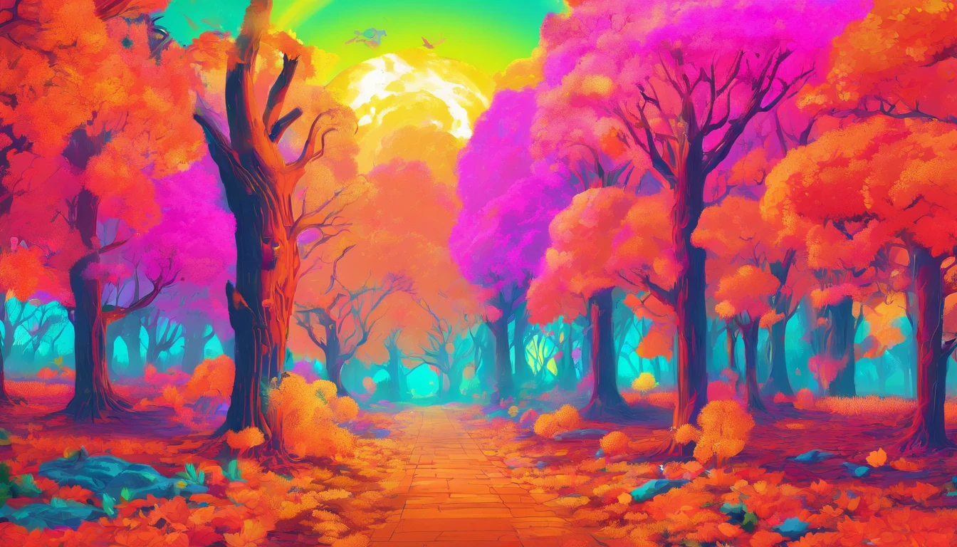 As the leaves begin to turn, the once-green landscape transforms into a kaleidoscope of warm, golden hues. The air is crisp and cool, carrying the scent of damp earth and decaying leaves. The trees, once towering and full of life, now stand tall and proud, their branches stretching towards the sky like skeletal fingers. The sun casts its final rays of light upon the landscape, illuminating the vibrant colors of the changing leaves. The sky is painted with shades of orange, pink, and purple, as if the heavens themselves were ablaze with the fiery hues of autumn. The trees, no longer content to simply stand and bear witness to the passing of the seasons, begin to shed their leaves in a final act of defiance, casting a golden carpet across the landscape. As the days grow shorter, the nights grow longer, and the temperatures drop, the world around us begins to prepare for the long slumber of winter. But even in death, the autumn landscape holds a quiet beauty, a time of reflection and renewal as the natural world prepares to rebirth itself once more. The trees, now bare and exposed, stand as testaments to the cyclical nature of life, their skeletal forms reaching towards the sky like outstretched arms, bidding farewell to the passing season and welcoming in the next.
