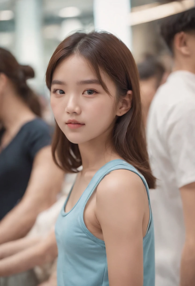 Kids , Korean kids girl wearing sport shorts, crop top, shopping centre, crowded people, bokeh, realistic lighting, realistic photo, cinematic color grading, 8k high quality photo, ultra high quality