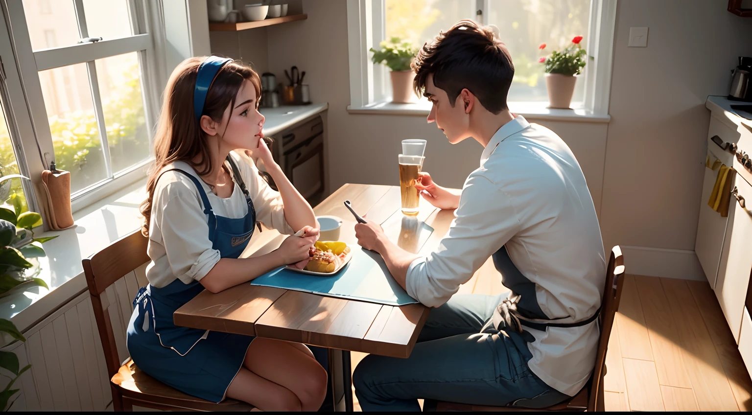 (a boy and a girl staring at each other, sitting facing each other, in a kitchen, lateral view),portraits,illustration,beautiful detailed eyes,beautiful detailed lips,happy expressions,casual clothing,gentle lighting,pastel colors,vibrant atmosphere,digital painting,realistic,medium:oil painting,textured background,cabinet with open shelves,fruit bowl on the table,coffee mug,floral apron,modern kitchen appliances,stainless steel sink,stove with pots and pans,countertop with utensils and ingredients,window with sunlight streaming in