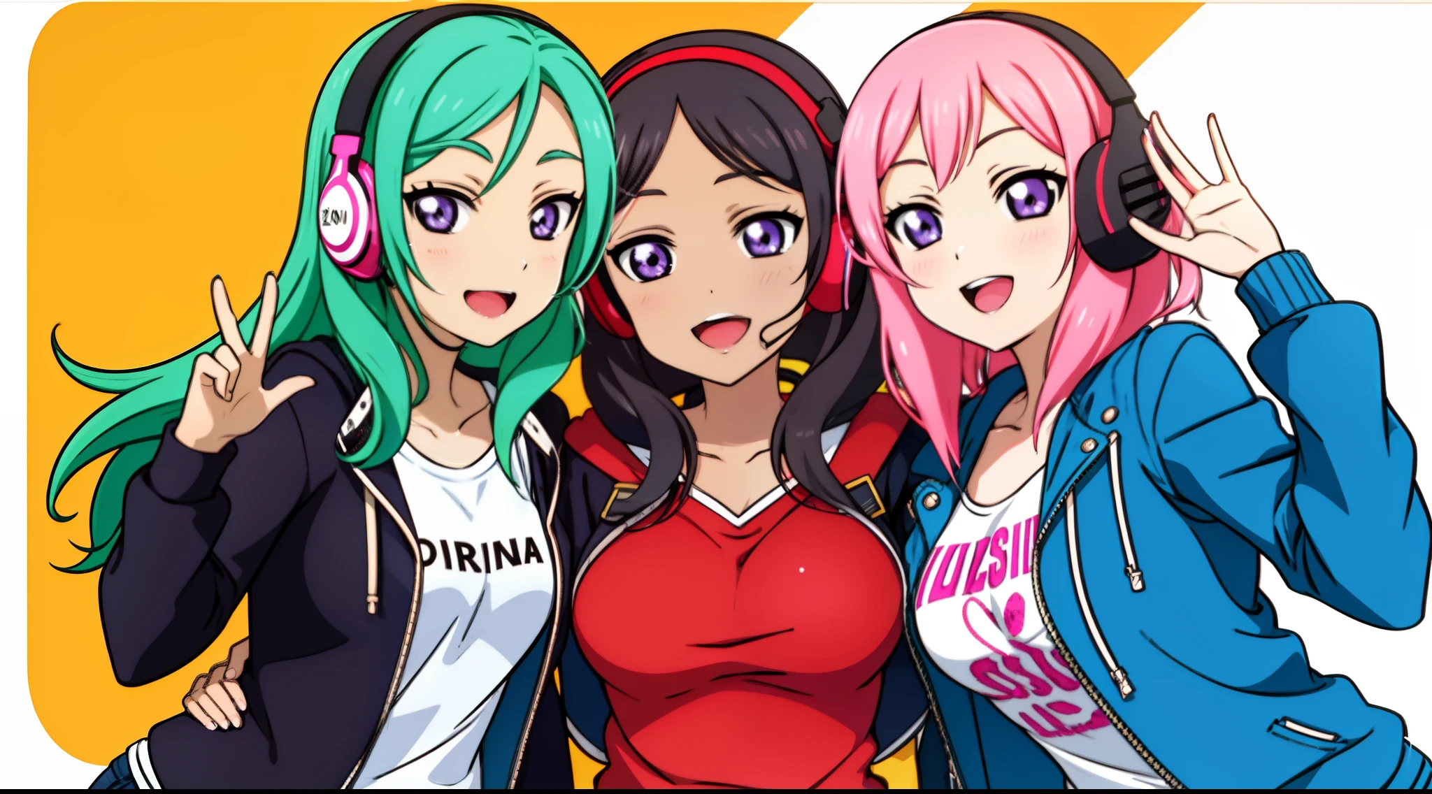 garota feliz, sorrindo, sweatshirt and jeans, headset, musica, cores misturadas, jatos de tinta, Desenho anime, fundo branco, fundo simples, symmetrical breasts, Seios colossais irrealistas