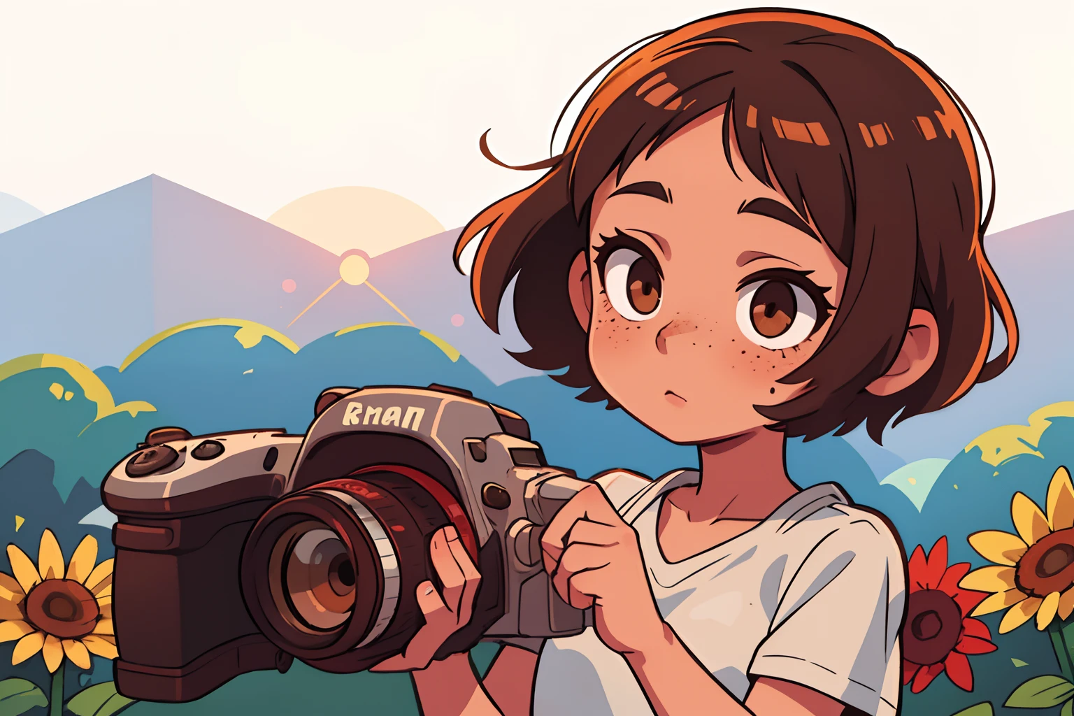 A  girl, with brown short hair, Brown eyes, freckles on her face, Photographer, Sundown