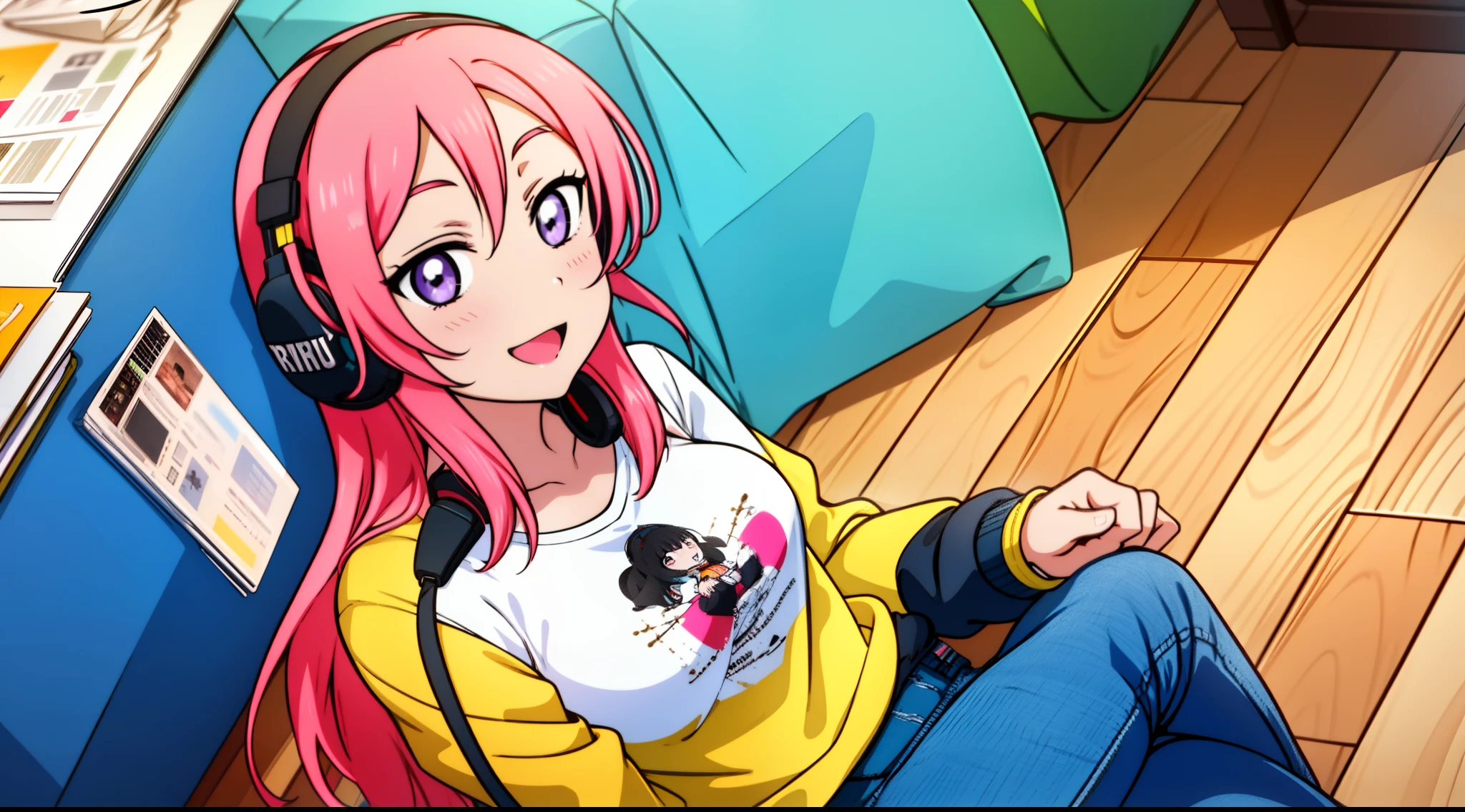garota feliz, sorrindo, sweatshirt and jeans, headset, musica, cores misturadas, jatos de tinta, Desenho anime, fundo branco, fundo simples, symmetrical breasts, Seios colossais irrealistas