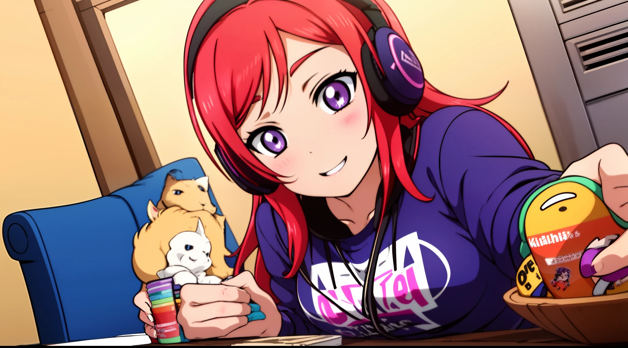 garota feliz, sorrindo, sweatshirt and jeans, headset, musica, cores misturadas, jatos de tinta, Desenho anime, fundo branco, fundo simples cortina de peito, areola slip,(melhor qualidade:1.0), (Papel de parede 8K:1.0), muito delicado e bonito, (Rosto bonito e detalhado:1.0), (Olhos profundos detalhados), symmetrical breasts, olhos profundos, pele brilhante,red hair, Purple eyes、Seios colossais irrealistas
