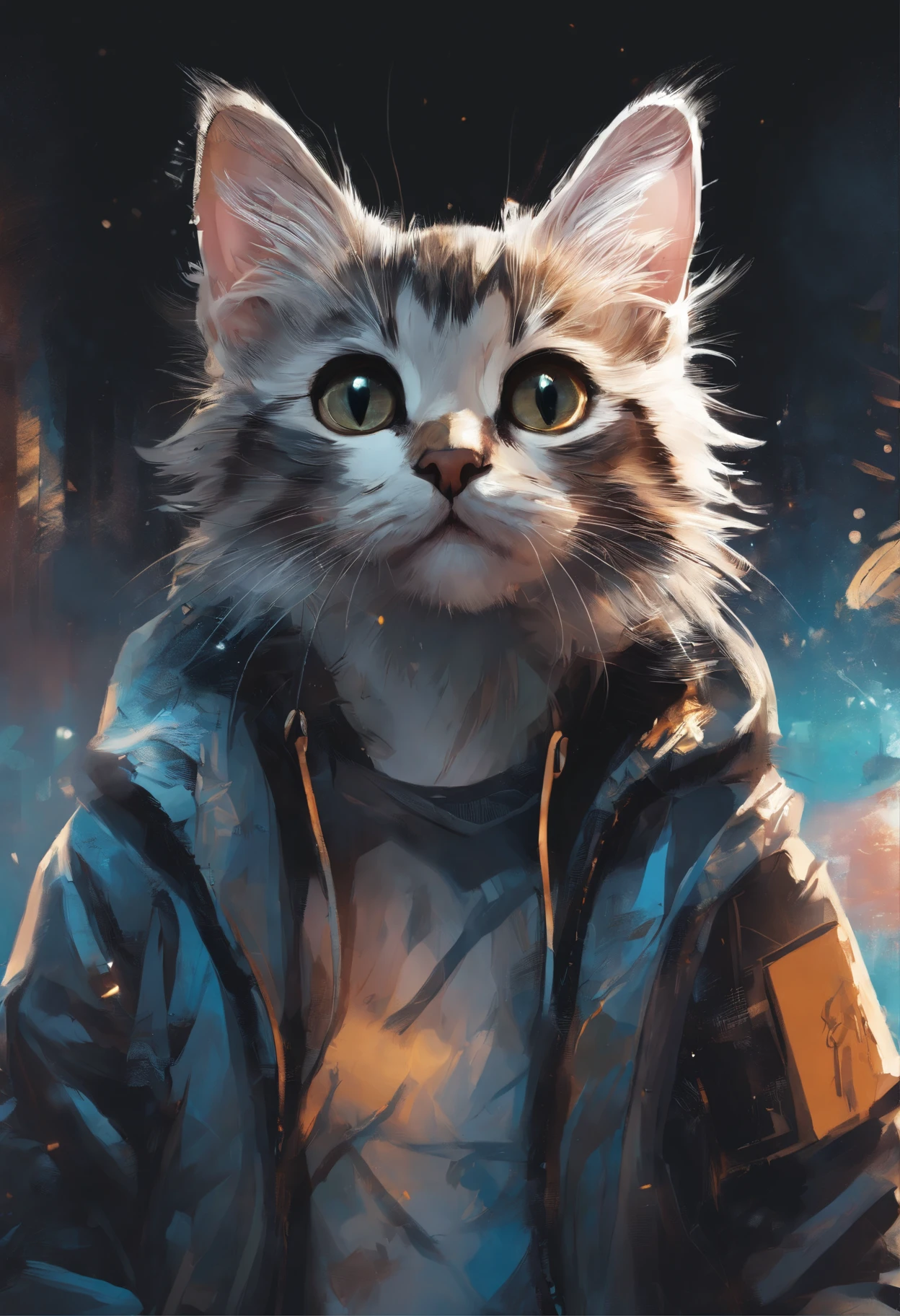 Perfect centering, A cute kitten all over, Wear a student jacket, Wearing sunglasses, Wearing headphones, Standing position, Abstract beauty, Centered, Looking at the camera, Facing the camera, nearing perfection, Dynamic, Moonlight, Highly detailed, Digital painting, art stations, concept-art, smooth, Sharp focus, 8K, high definition resolution, illustration, Art by Carne Griffiths and Wadim Kashin, White background
