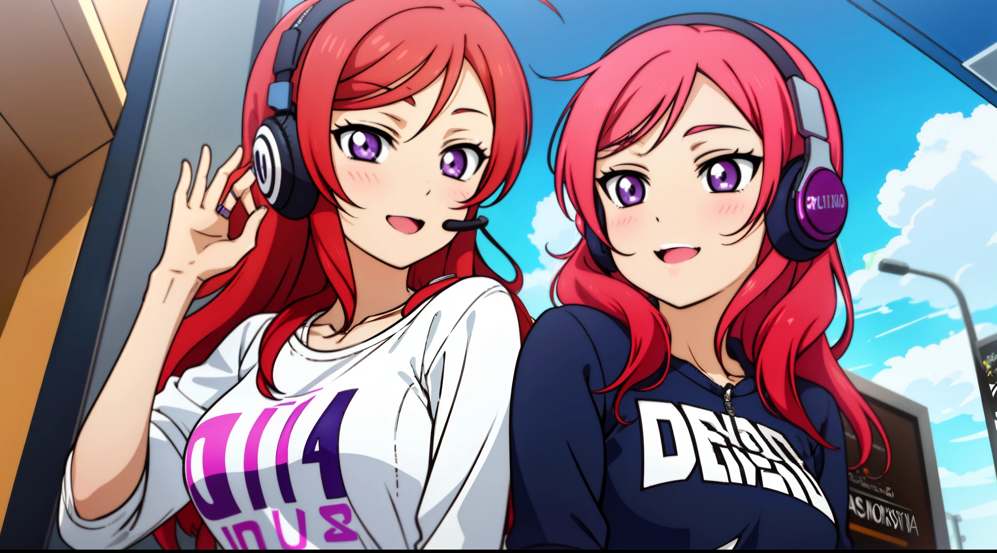 garota feliz, sorrindo, sweatshirt and jeans, headset, musica, cores misturadas, jatos de tinta, Desenho anime, fundo branco, fundo simples cortina de peito, areola slip,(melhor qualidade:1.0), (Papel de parede 8K:1.0), muito delicado e bonito, (Rosto bonito e detalhado:1.0), (Olhos profundos detalhados), symmetrical breasts, olhos profundos, pele brilhante,red hair, Purple eyes、Seios colossais irrealistas
