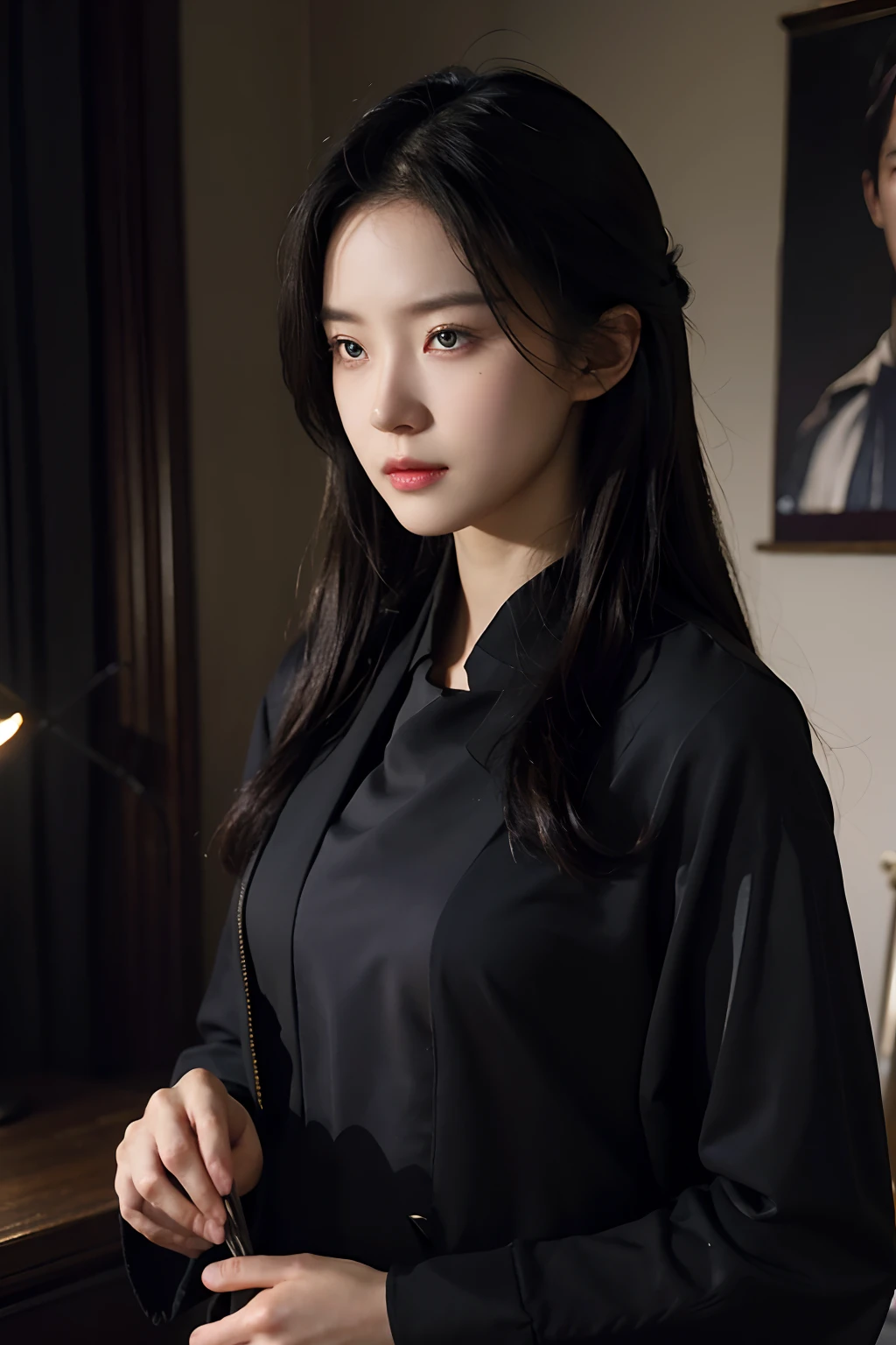 (Previous Focus)、(Dark: 1.6)、portrait of a woman、Fantasy Art、photoRealstic、Dynamic lighting、art stations、poster for、Volume Lighting、extra detailed face、4 k、Award-winning、1人、in the darkness nigth、deep-shadows、lowkey、cowboy shot、(formal clothes:1.4)、length hair