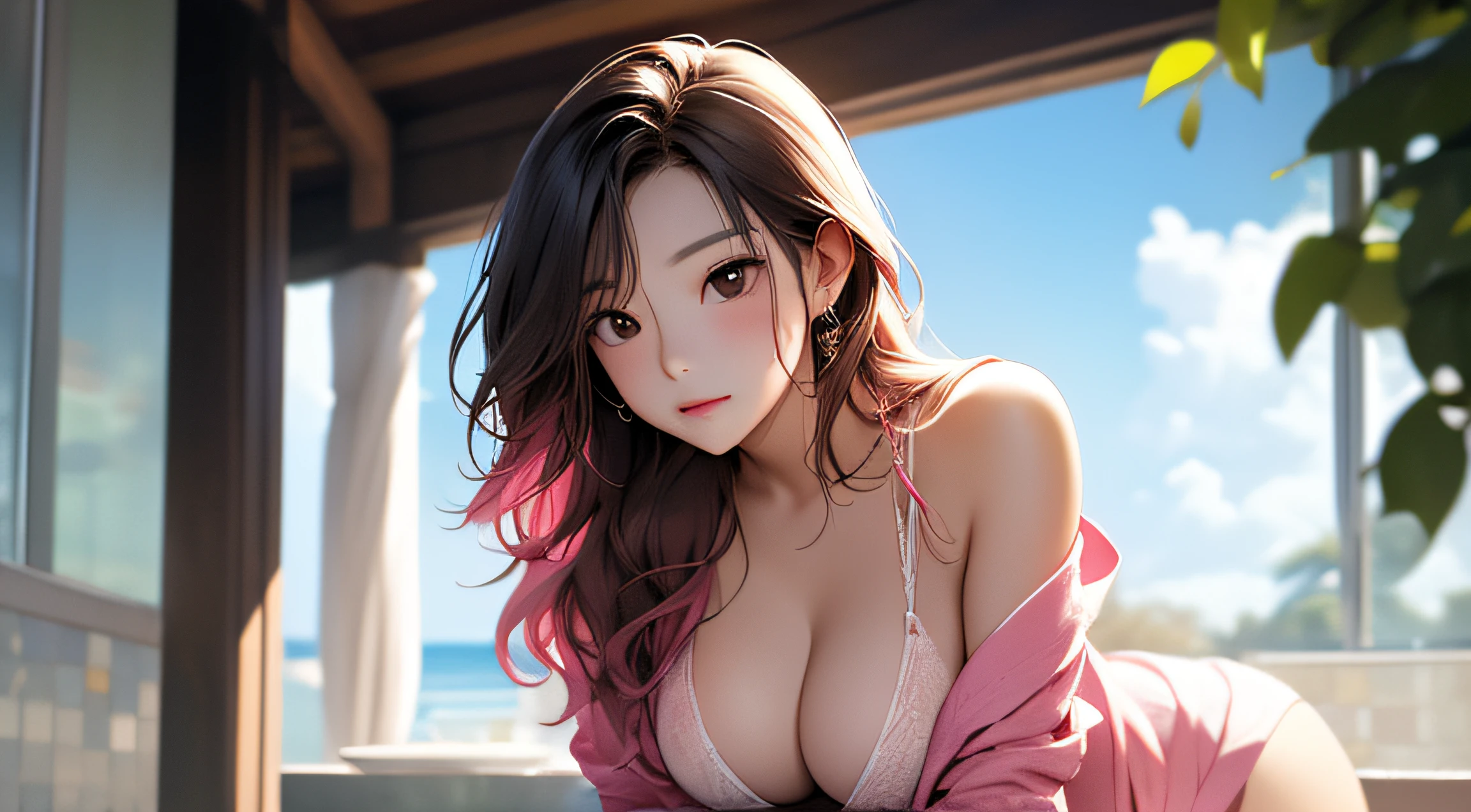 （A Certain Science Railgun、Seo Yeon Joo）、Brown skin、bath robe、（Medium hair in pink color）、Young、Cute、a beautifulchi girl、Perfect style、larjeBoobs、Emphasizes cleavage、deadpan、realisic、Realistic、８ｋ、Heavily detailed、最好质量、Top image quality、high-resolution、A masterpice、only girl、（The background is a sea）、