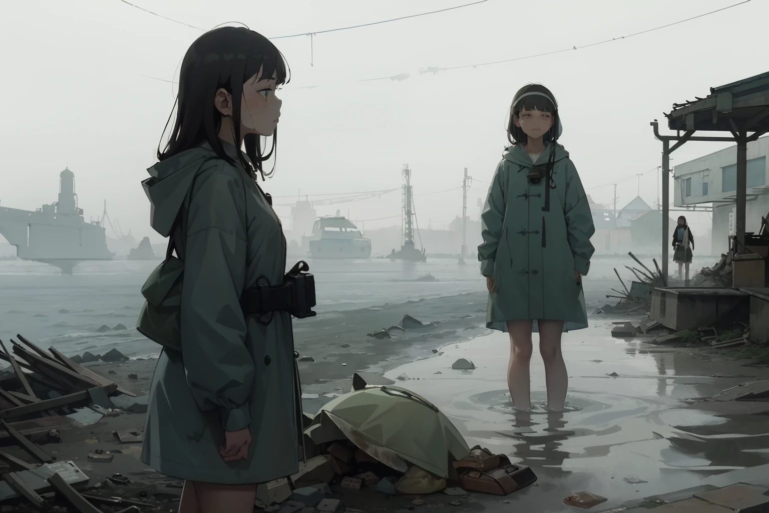 masterpiece, best quality, 2girls, (closeup), 18yo teen, slim, small breast, walk knee-deep in water, sad, tired, dirty face, green raincoat, hoods on, goggles on head, (backpacks), military pants, heavy rain, downpour, flood, wasteland, abandoned train station, grey, desolate, rain, dark, watercolor, analog