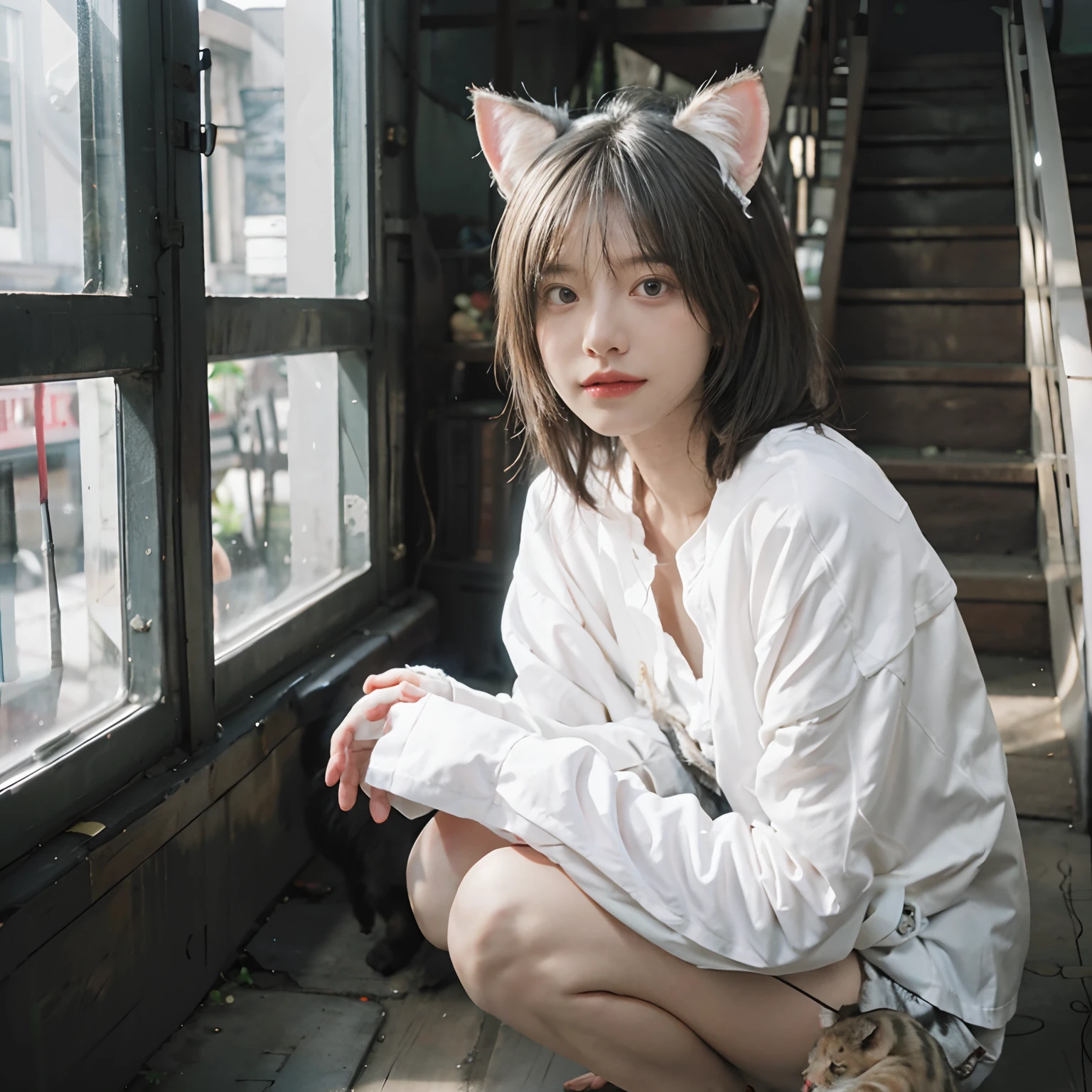 Crouching with a cat