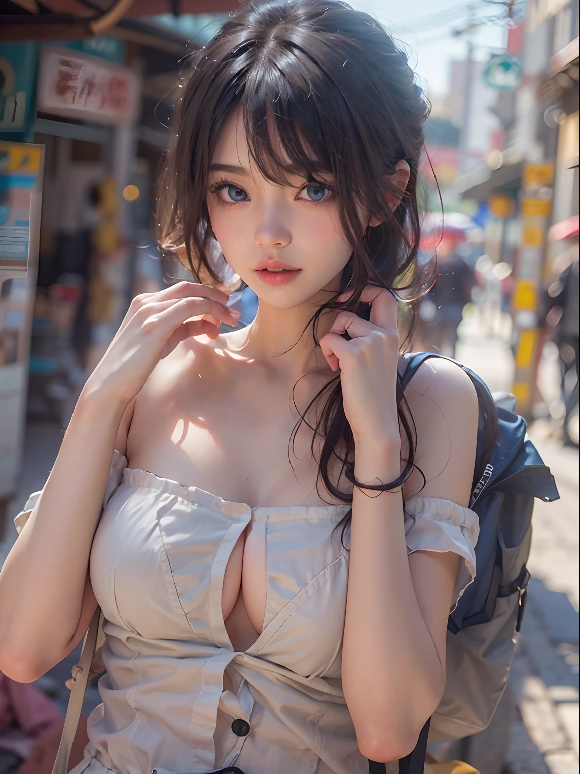 nsfw, 1girl, nude, (masterpiece: 1.4), (8K, realistic, raw photo, best quality: 1.4), skirtlift, naked, school girl, nipple areola shape clear, beautiful breasts, Japanese girl, beautiful cute face, (real face: 1.4), perfect pussy, beautiful hairstyle, realistic blue eyes, beautiful detail eyes, (real skin: 1.3), beautiful skin, attractive, ultra high resolution, ultra realistic, cinematic lighting, black colored hair, short hair, city street