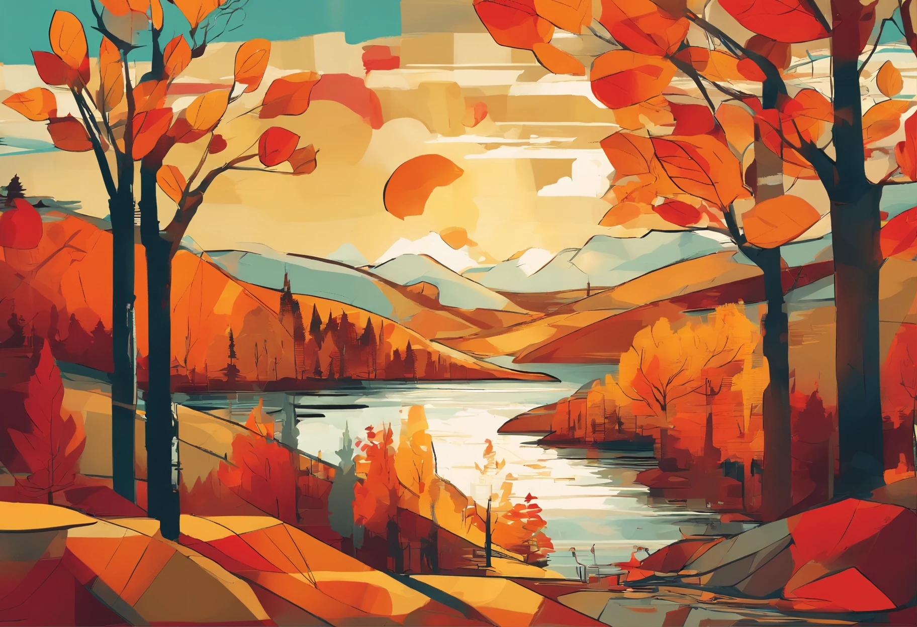 A vibrant and colorful depiction of the changing seasons, with a focus on the beauty of autumn. The image should show a landscape filled with rich, warm colors, such as reds, oranges, and yellows, as leaves turn and fall from trees. The scene should also include elements such as rolling hills, winding rivers, and towering mountains, all bathed in the golden light of the setting sun. The overall mood of the image should be one of serenity and beauty, reflecting the natural cycle of life and death apparent during the autumn months.