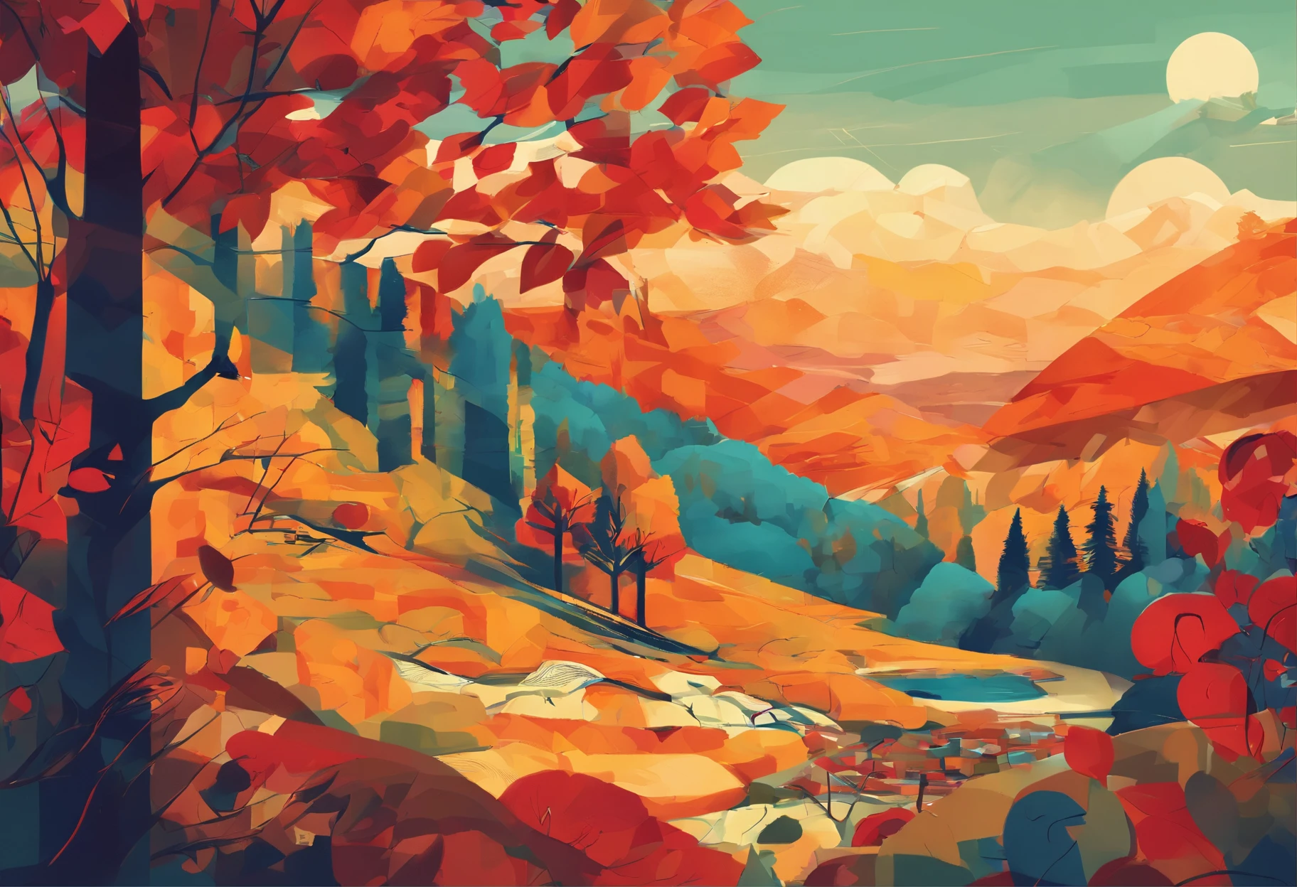 A vibrant and colorful depiction of the changing seasons, with a focus on the beauty of autumn. The image should show a landscape filled with rich, warm colors, such as reds, oranges, and yellows, as leaves turn and fall from trees. The scene should also include elements such as rolling hills, winding rivers, and towering mountains, all bathed in the golden light of the setting sun. The overall mood of the image should be one of serenity and beauty, reflecting the natural cycle of life and death apparent during the autumn months.