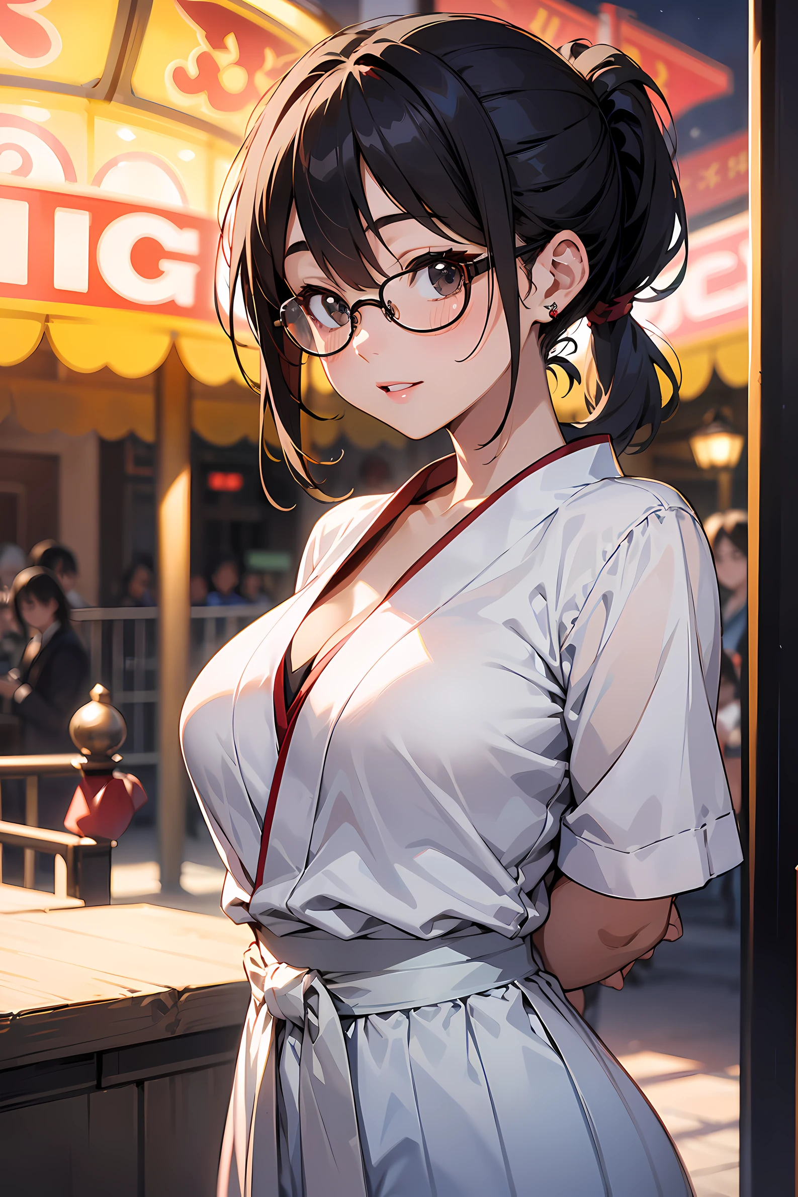 1girl, high resolution, Photo of a beautiful woman detailed_face, young handsome girl,realistic:0.5, perfect skin, (wearing a glasses:1.5), (ultra-detailed background, detailed background), bokeh, make happy expressions, happy emotion, gorgeous,pure, beautyfull detailed face and eyes,breasts, (black eyes:1.1), (Audrey Hepburn:1.3), (a extremely pretty and beautiful Japanese woman), (sexy girl), (professional attire:1.3), (22 years old: 1.1), BREAK, (miko outfit:1.2), (white dogi:1.2), (red hakama:1.2), (leather boots))), cleavage, beautiful detailed skin, (cute:1.2), (blonde hair), ((jpop idol)), (upper thigh:0.6), (depth of field),soft light, Lens Glow looking at viewer, (Drooping eyes:1.2), straight teeth,smile, floating hair, (blond hair:1.2), brown eyes BREAK movie scene, cinematic, full colors, 4k, 8k, 16k, RAW photo, masterpiece, professionally color graded, professional photography, high school girl, hair up, , soft clean focus, realistic lighting and shading, (an extremely delicate and beautiful art)1.3, elegant,active angle,dynamism pose BREAK (ponytail:1.3), (shiny-black thin hair:1.2), bangs, dark brown eyes, beautiful eyes, princess eyes, (big eyes:1.3), bangs, wearing a glasses:1.3, Hair between eyes, short hair:1.3, (slender:1.1), (medium-breasts:0.95), (thin waist: 1.15), (detailed beautiful girl: 1.4), Parted lips, Red lips, full-make-up face, (shiny skin), ((Perfect Female Body)), (upper body image:1.3), Perfect Anatomy, Perfect Proportions, (most beautiful Korean actress face:1.3, extremely cute and beautiful Japanese actress face:1.3), ,(1glasses girl:1.3, solo), ,(blush:1.1), gray background, solo focus, (bust shot:1.2), cinematic light, (nostalgic night scene:1.4), (aquariums:1.4), (In front of the giant aquarium in the aquarium:1.3), Huge sink、Marine life、shark、blue whale、manta ray、 (arms behind back :1.4), (looking at viewer:1.2)