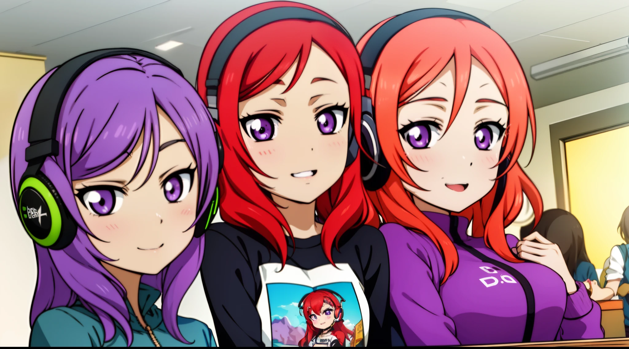 garota feliz, sorrindo, sweatshirt and jeans, headset, musica, cores misturadas, jatos de tinta, Desenho anime, fundo branco, fundo simples cortina de peito, areola slip,(melhor qualidade:1.0), (Papel de parede 8K:1.0), muito delicado e bonito, (Rosto bonito e detalhado:1.0), (Olhos profundos detalhados), symmetrical breasts, olhos profundos, pele brilhante,red hair, Purple eyes、Seios colossais irrealistas