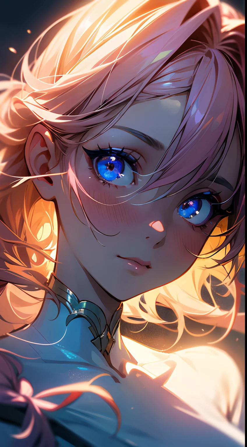 (masterpiece),best quality, a close up of a girl outside, gorgeous, cute girl, perfect face, expressive eyes, (((extreme shading, semi-realistic, perfect light))), ((night, cozy, warm colors)), white dress, sensual, braid, detailed hair, amazing hair, 4k, stunning eyes, pink hair, blue eyes, semi-realistic, gentle, feminine, delicate, ephemeral,(soft), ultra-detailed,BREAK she is embarassed, she is blushing, she is beauitful, cute image, the image has dramatic light