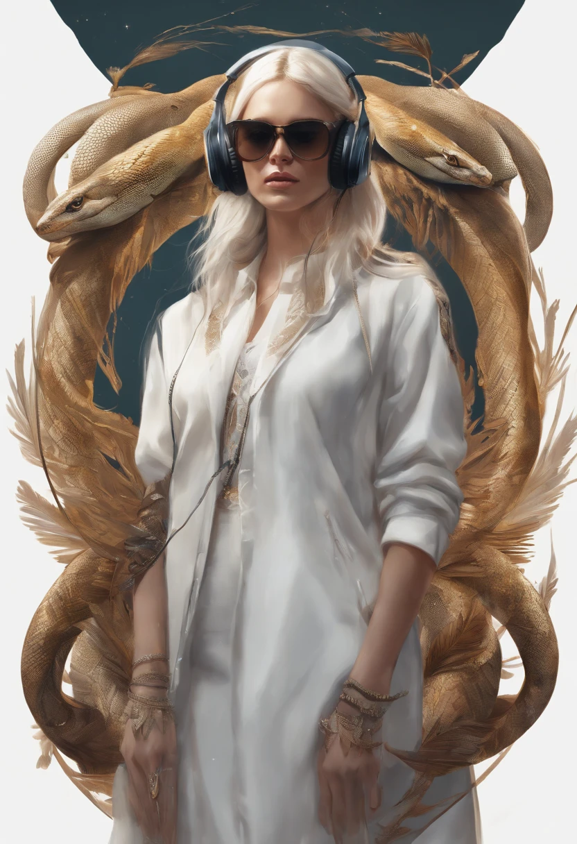 Perfect centering, A snake all over, Wear a student jacket, Wearing sunglasses, Wearing headphones, Standing position, Abstract beauty, Centered, Looking at the camera, Facing the camera, nearing perfection, Dynamic, Moonlight, Highly detailed, Digital painting, art stations, concept-art, smooth, Sharp focus, 8K, high definition resolution, illustration, Art by Carne Griffiths and Wadim Kashin, White background