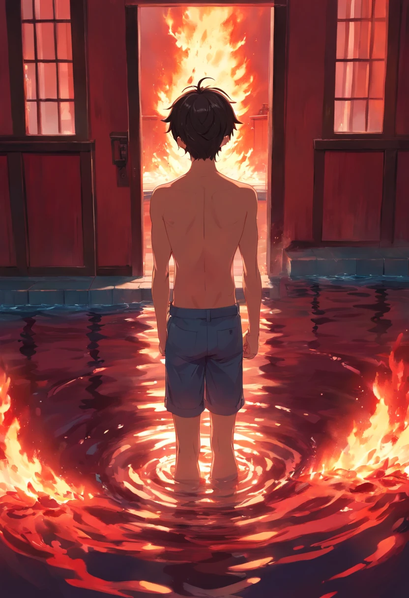 A young man walking in a pool of blood is in front of him at a red door catch fire the young man is on his back naked