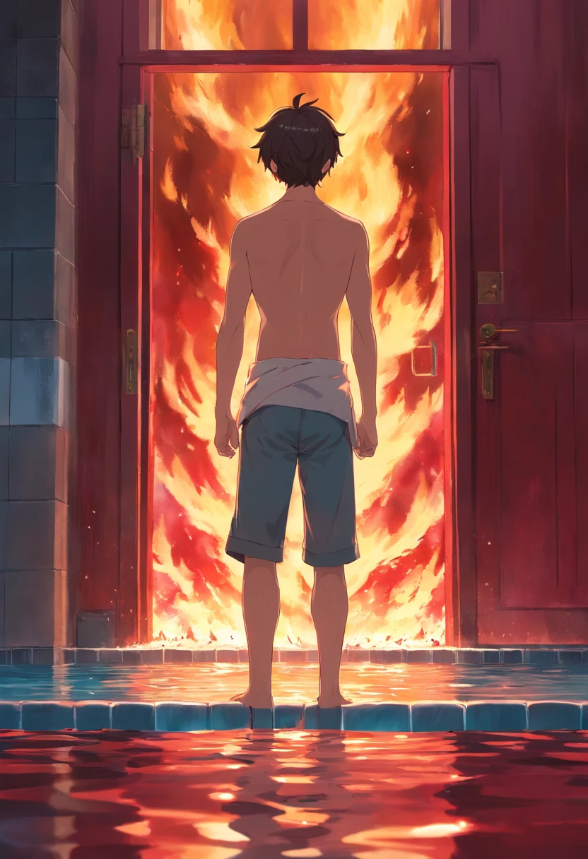 A young man standing on top of a pool of blood is in front of him at a burning red door, the young man is on his back naked;