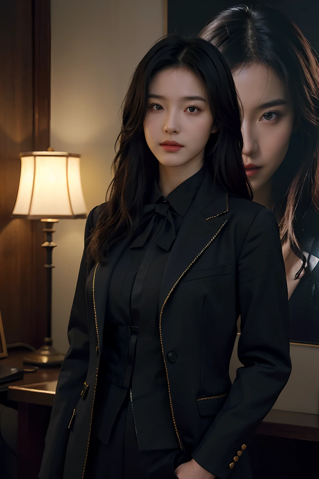 (Previous Focus)、(Dark: 1.6)、portrait of a woman、Fantasy Art、photoRealstic、Dynamic lighting、art stations、poster for、Volume Lighting、extra detailed face、4 k、Award-winning、1人、in the darkness nigth、deep-shadows、lowkey、cowboy shot、(formal clothes:1.4)、length hair