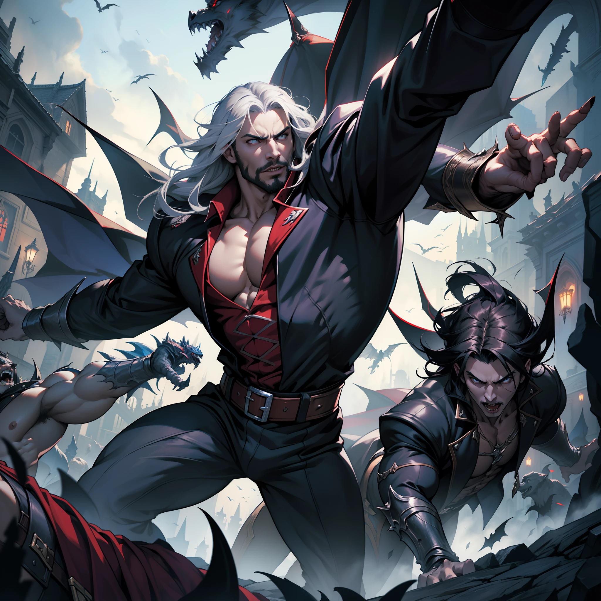 Castlevania Shadow Lord hyper realistic super detailed hyper realistic super detailed Dynamic shot of Lord Dracula leading troops armed with demons to fight sharp details hyper realistic faces hyper realistic super detailed poses correct Anatomy