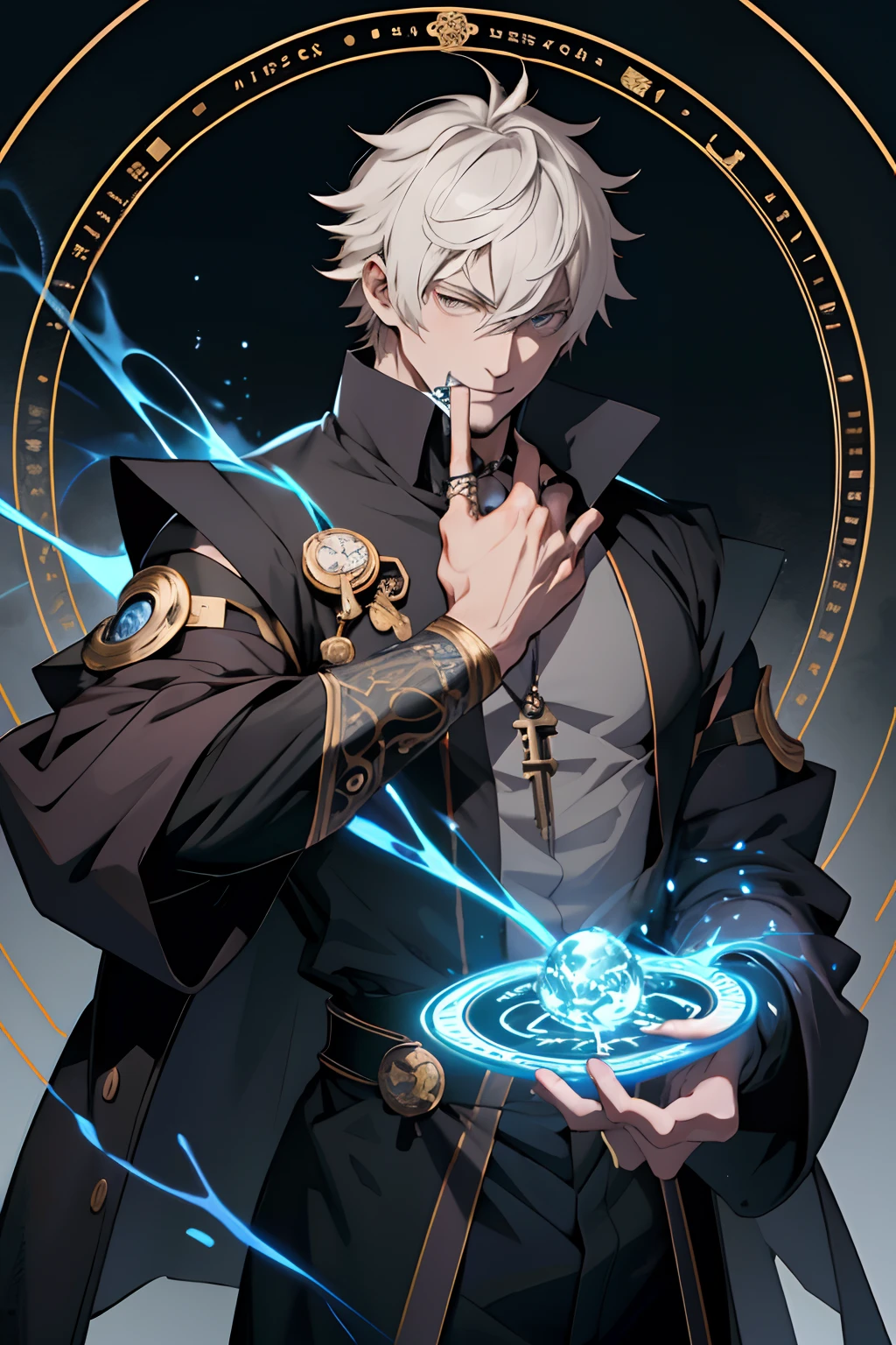 Trending on artstation pixiv, anime guy with bright eyes, unsual eyes, best anime 4k, zerochan art, key anime art, [[[[grinning evily]]]], Mage, masterpiece, Magic, Magic circle, (gray skin), muscular, open shirt, solo, rings, good anatomy, detailed hands, detailed eyes, (male), Black cat, Black Wizard clothes