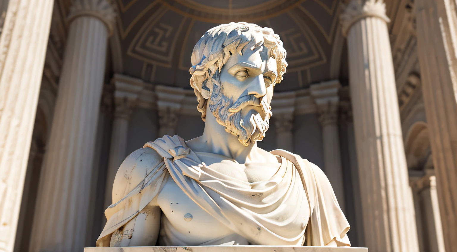 A realistic Greek white marble statue of aristotle brave scary detailed wearing a ghostly toga, fundo neutro, Moody, , fotorrealista, Jantar de filme assustador, super detalhada, Hiper realista, luzes brilhantes, 8 mil