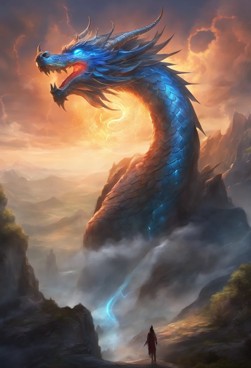 mont々Painting of a Chinese dragon circling between,With the dragon as the main background,There are clouds,There are mountains,Flying in the sky(Chinese Dragon:1.5),highly detailed fantasy art,hyperrealistic d & d fantasy art,hero, Artstation contest winner,- No wings,<=blue dragon Lightning element in the background dark atmosphere with bright particle light(many effects in background)